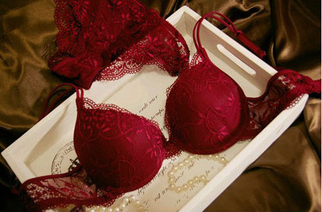 Nanier Women's Solid Lace Push up Bra Set Dark Red 34B