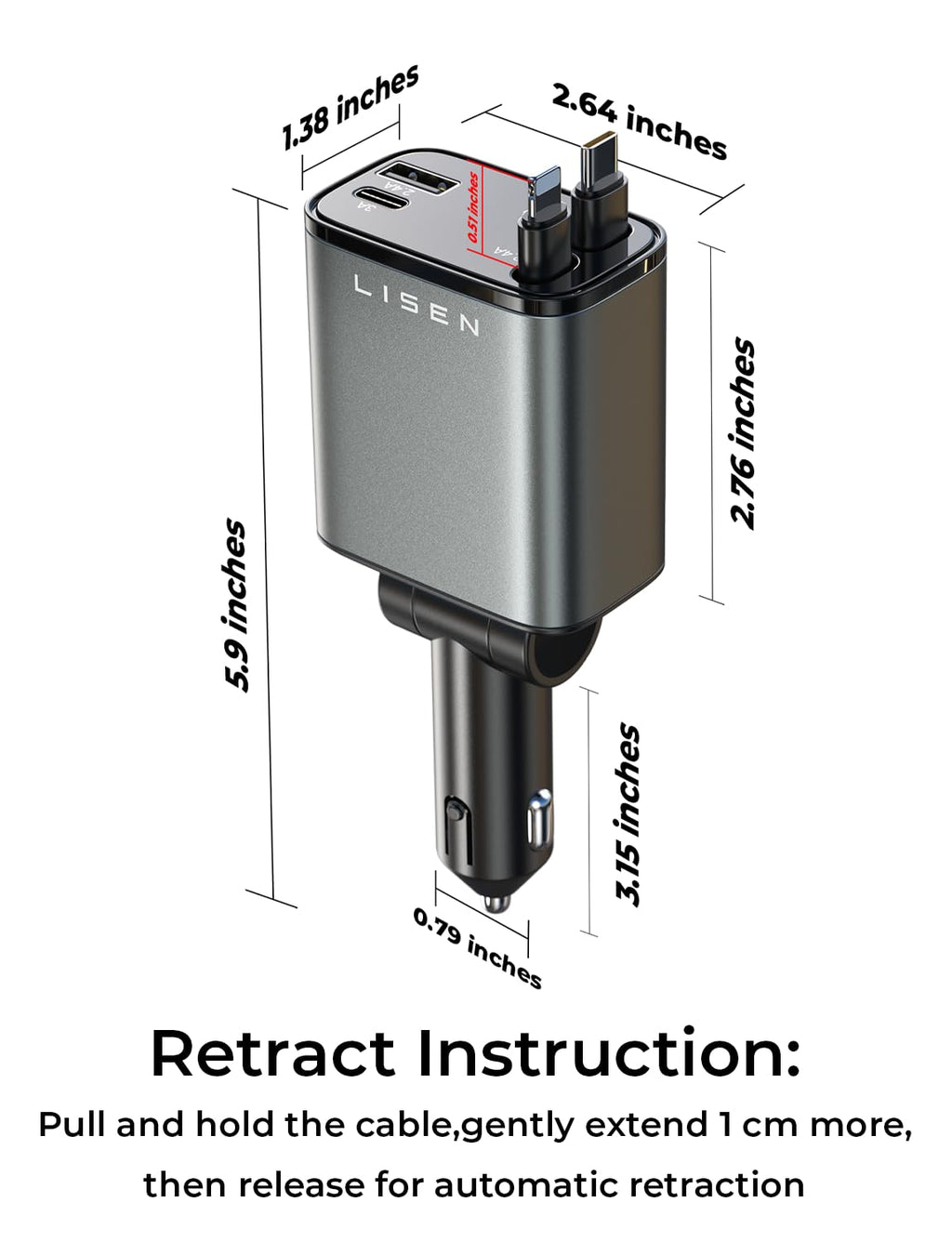 LISEN Retractable Car Charger, 69W USB C Car Accessories Adapter for iPhone 16 USB C Charger Fast Charging, Gifts for Women Men, Truck Accessories, Travel Essentials, for iPhone 16 15 14 13 12 Pro Max