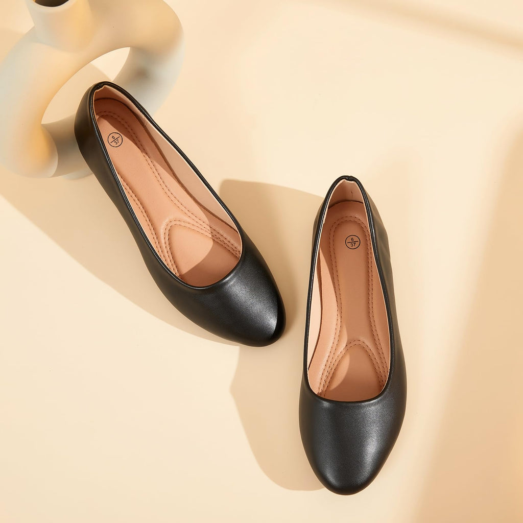 hash bubbie Women's Flats Shoes Ballet Flats Dress Shoes Comfortable PU Leather Slip on Shoes for Women(Black .US8)