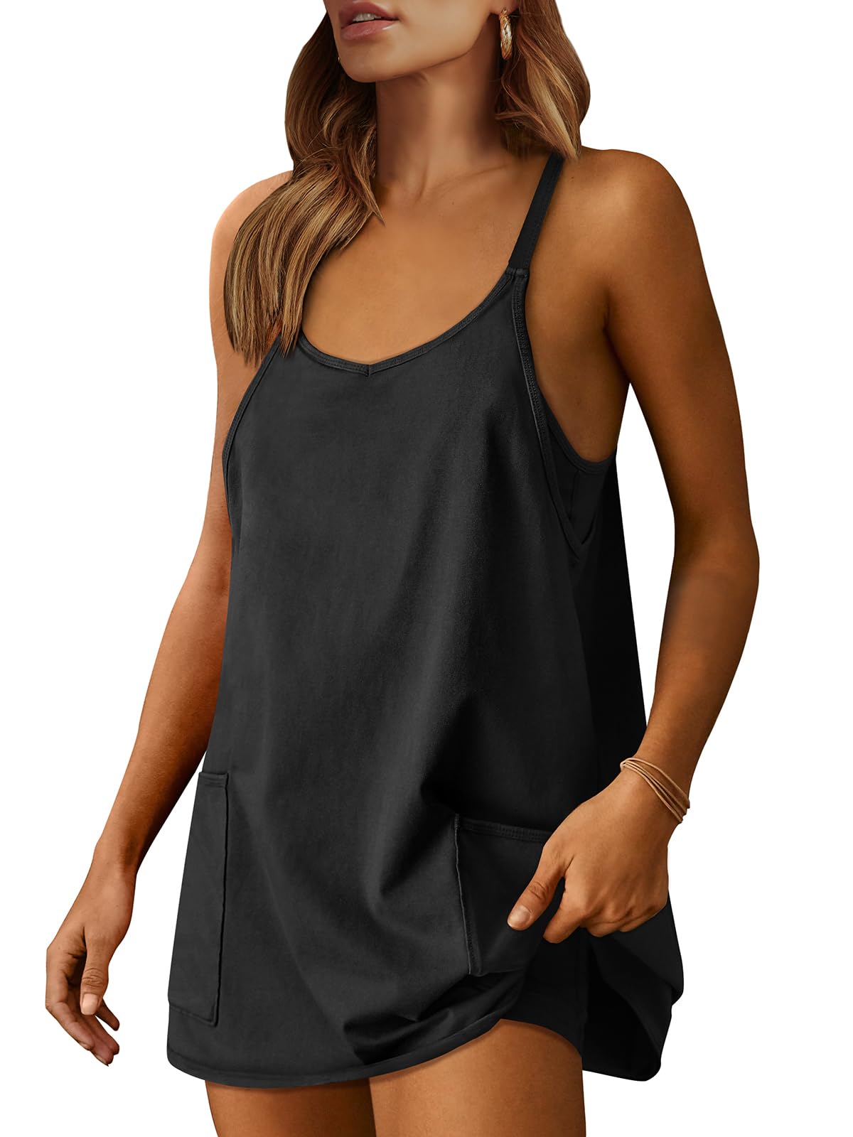 ANRABESS Women Athletic Dress Summer Tennis Workout Active Sports Mini Romper Dress Built in Shorts Travel Vacation Clothes Black Large