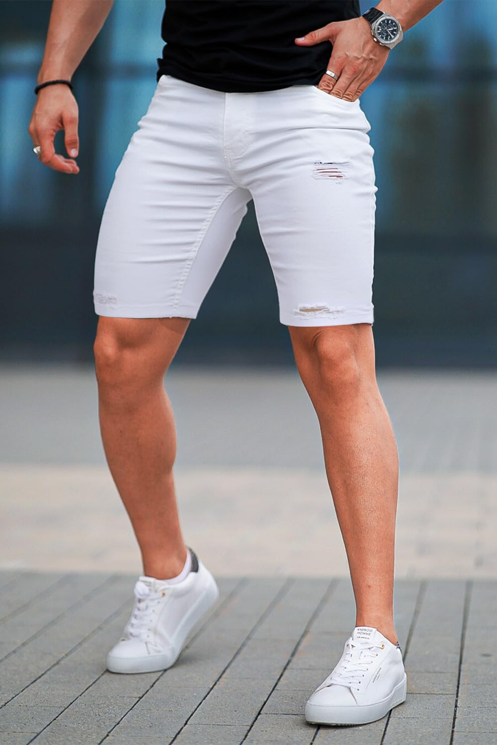 GINGTTO Mens Jean Shorts White Skinny Stretch Denim Shorts for Men Ripped 34