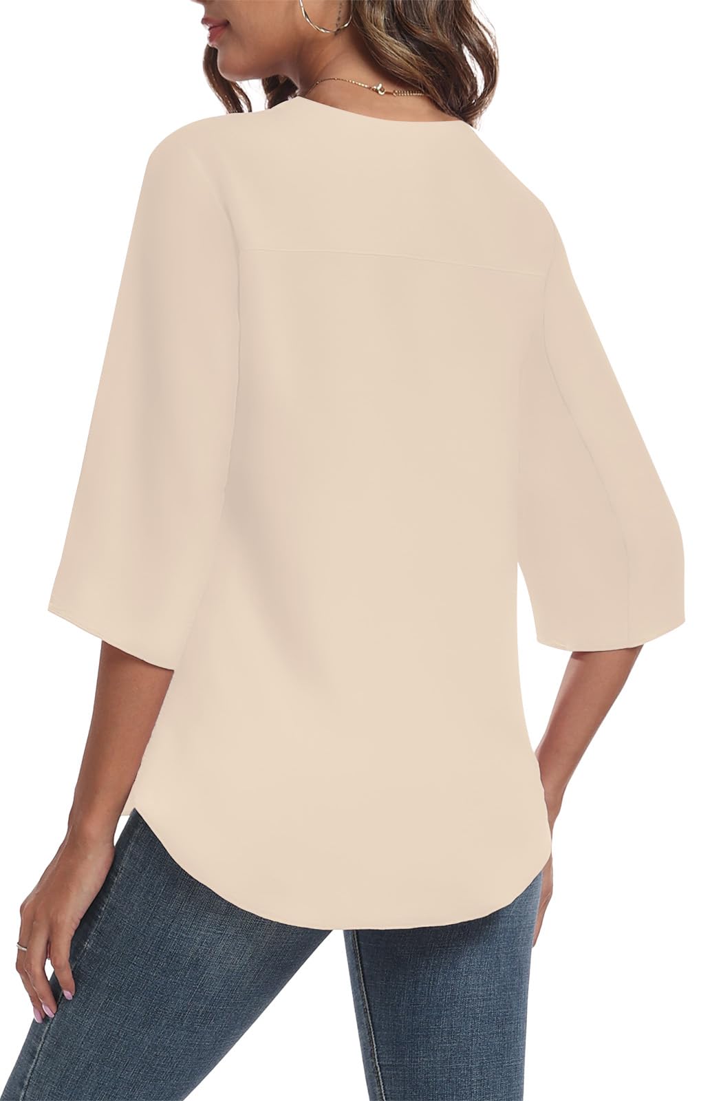 LAOLASI Summer Chiffon Blouses for Women 3/4 Sleeve V Neck Casual Dressy Blouses Work Cute Ladies Tops Shirts,Khaki,XL