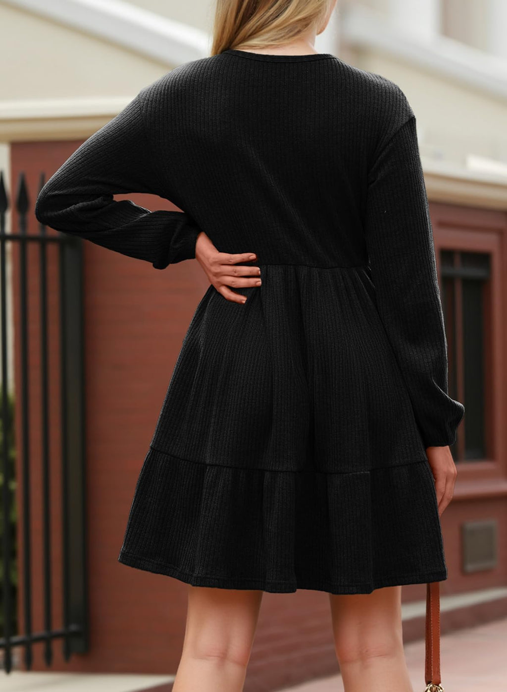 Dokotoo Fall Dresses for Women 2025 V Neck Ribbed Knit Texture Empire Waist Long Sleeve Dress Swing Flared Ruffle A Line Cute Casual Loose Flowy Wedding Guest Party Short Mini Dress Black Small