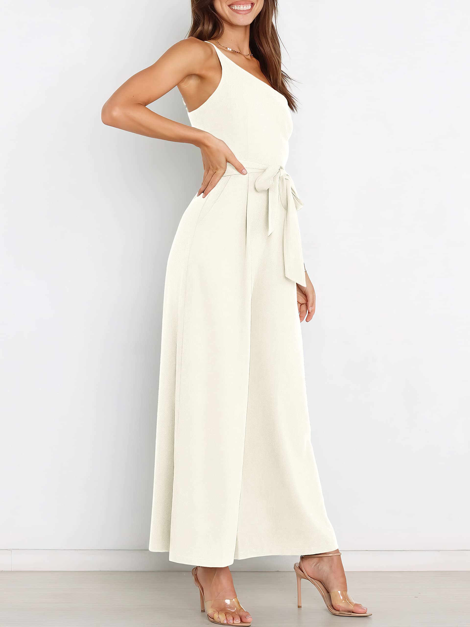 ANRABESS Women Summer Dressy Jumpsuits One Shoulder Sleeveless Casual Wide Leg Pants Romper Jumper 2025 Trendy Fall Outfits White Small