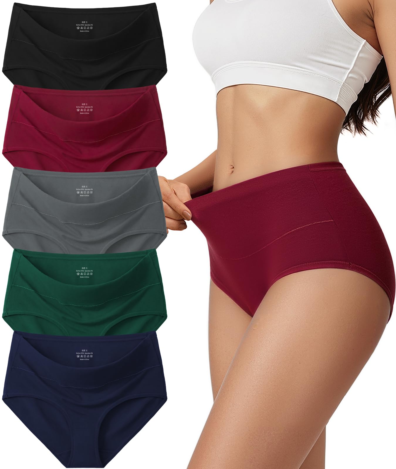 Vevmon Cotton Underwear for Women High Waisted Full Coverage Briefs Soft Ladies Panties 5 Pack (US, Alpha, Medium, Regular, Regular, A-5 Pack 5 Colors)