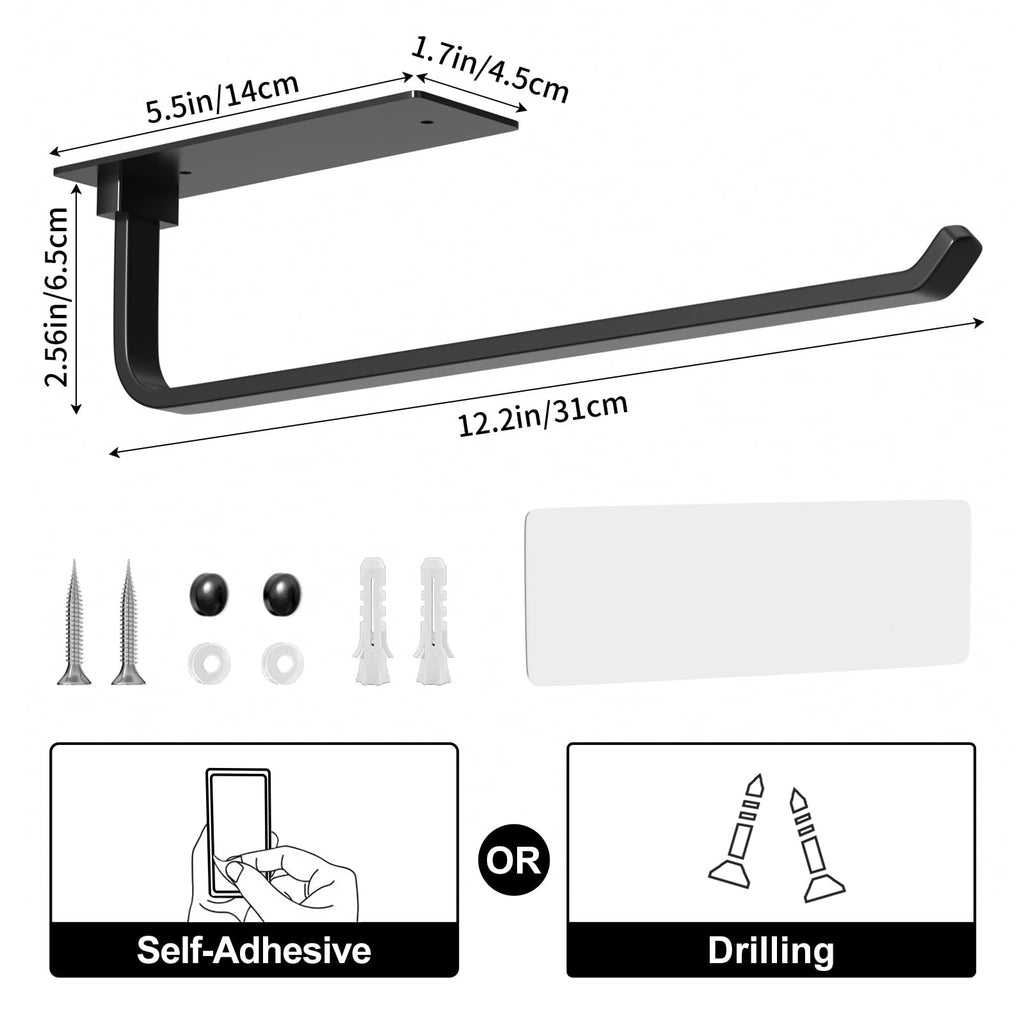 Paper Towel Holder - Self-Adhesive or Drilling, Matte Black, Upgraded Aluminum Kitchen Roll Dispenser Under Cabinet, Lighter but Stronger Than Stainless Steel!