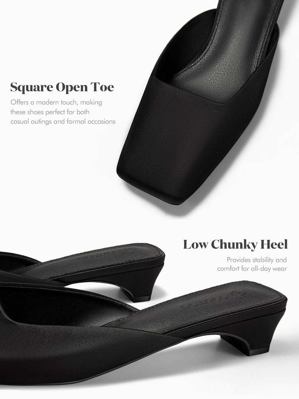 Coutgo Women's Mules Low Kitten Heel Closed Square Toe Slip On Backless Dress Shoes,Size Fits Large Black