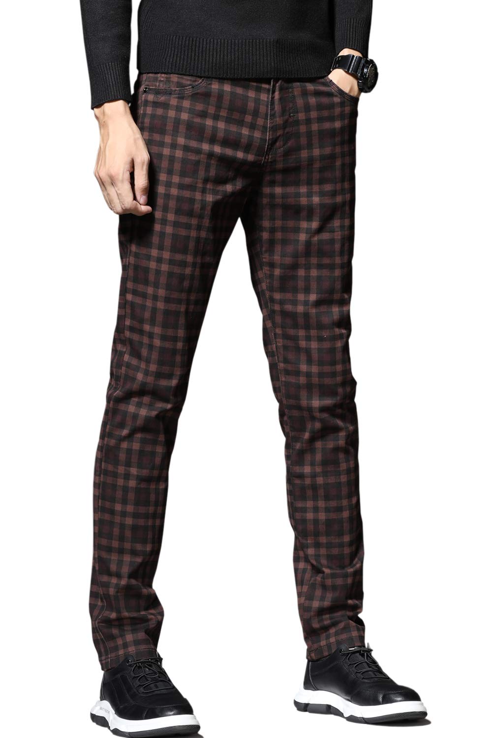 HENGAO Men's Regular Fit Plaid Chino Pants Jeans, Wine Red, 34
