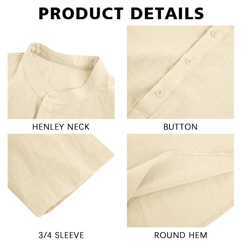 Ryannology Mens Linen Shirts Henley 3/4 Sleeve Casual Cotton T-Shirt Regular-Fit Lightweight Beach Yoga Tunic Tops