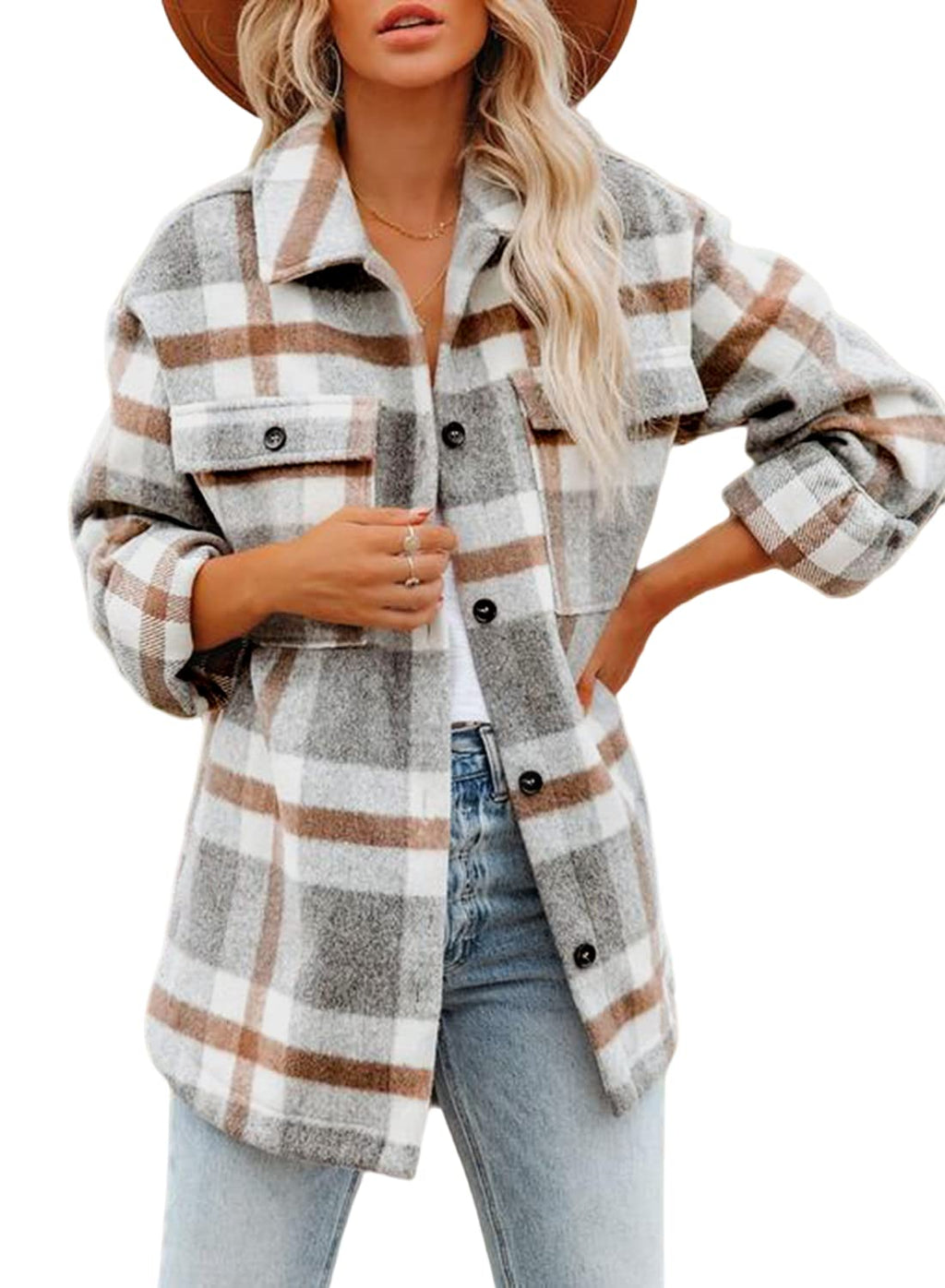 Beaully Women's Flannel Plaid Shacket Long Sleeve Button Down Shirts Jacket Coats with Side Pockets 6017 Khaki L