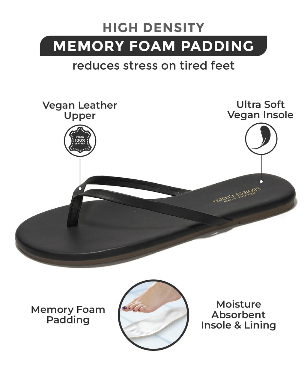 Project Cloud Flip Flops for Women - Memory Foam Flats Summer Sandals for Women 2025 - Vegan Leather Lightweight Womens Sandals Summer Beach Essentials Slides (Foundations, Black, 8)