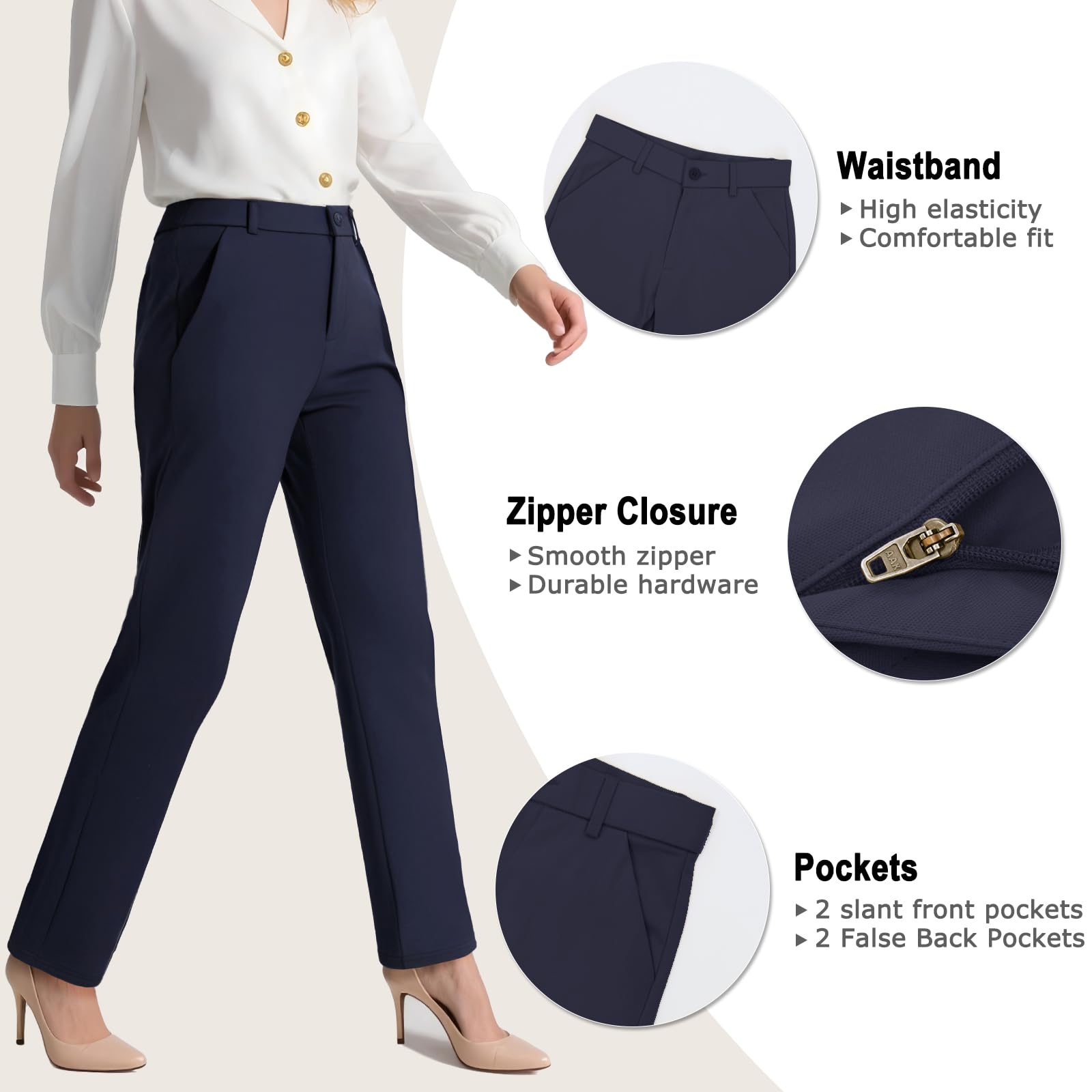 iChosy Women's Stretchy Straight Leg Dress Work Pants Business Office Casual Slacks with Pockets Navy 14 Tall