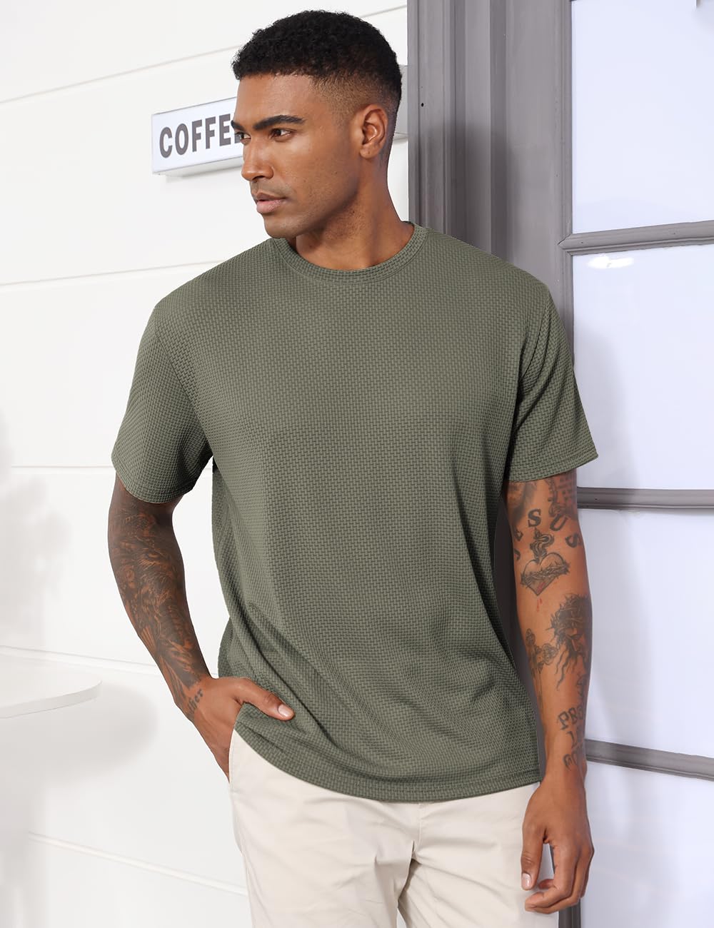 QOSOQ Men's Casual T-Shirts Knit Short Sleeve Crewneck Shirts Casual Stylish Knitted Pullover Tees Top Green