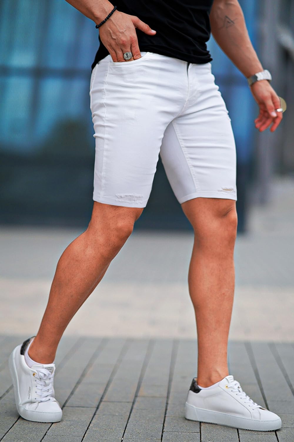 GINGTTO Mens Jean Shorts White Skinny Stretch Denim Shorts for Men Ripped 34