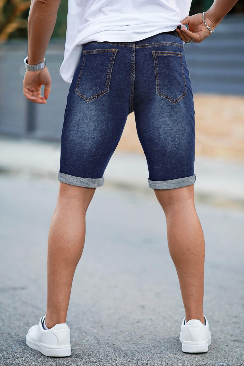 GINGTTO Mens Jean Shorts Ripped Denim Men Skinny Shorts Stretch Jeans Slim Fit Blue 32