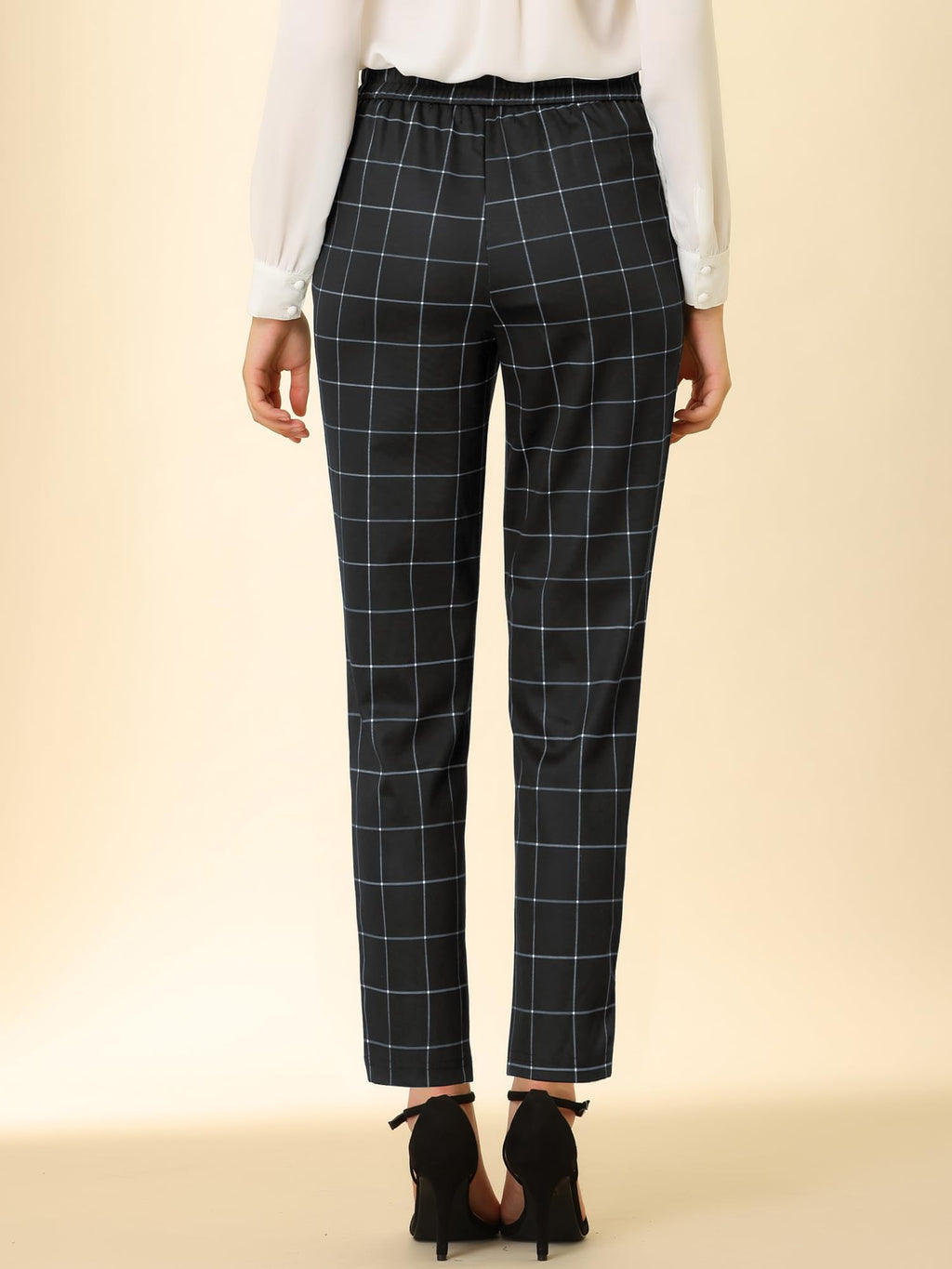 Allegra K Women's Vintage Tartan Plaid Pants Elastic Waist Straight Long Trousers Small Black