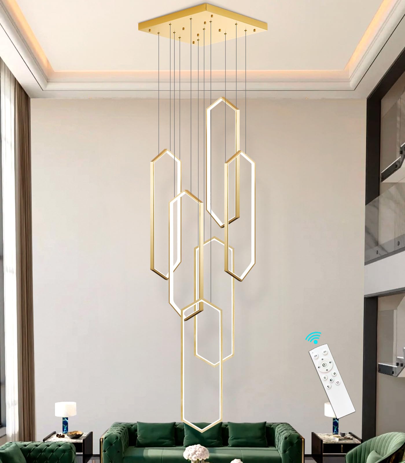 dolria 6-Rings Chandelier Modern, Gold Contemporary LED Light for Living Room Entrance, Dimmable Flush Mount High Ceiling Chandeliers with Remote Control for Villa Foyer