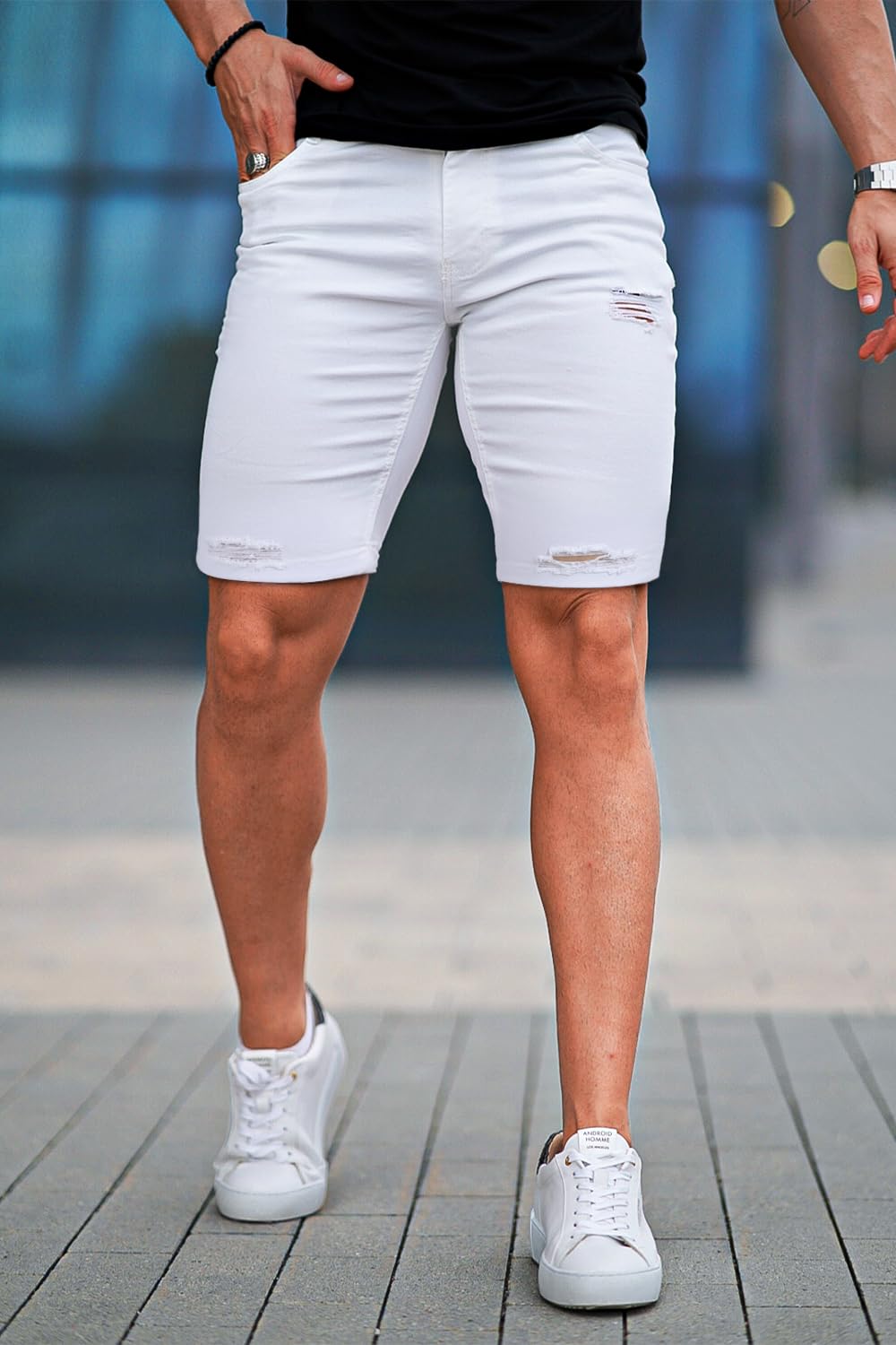 GINGTTO Mens Jean Shorts White Skinny Stretch Denim Shorts for Men Ripped 34