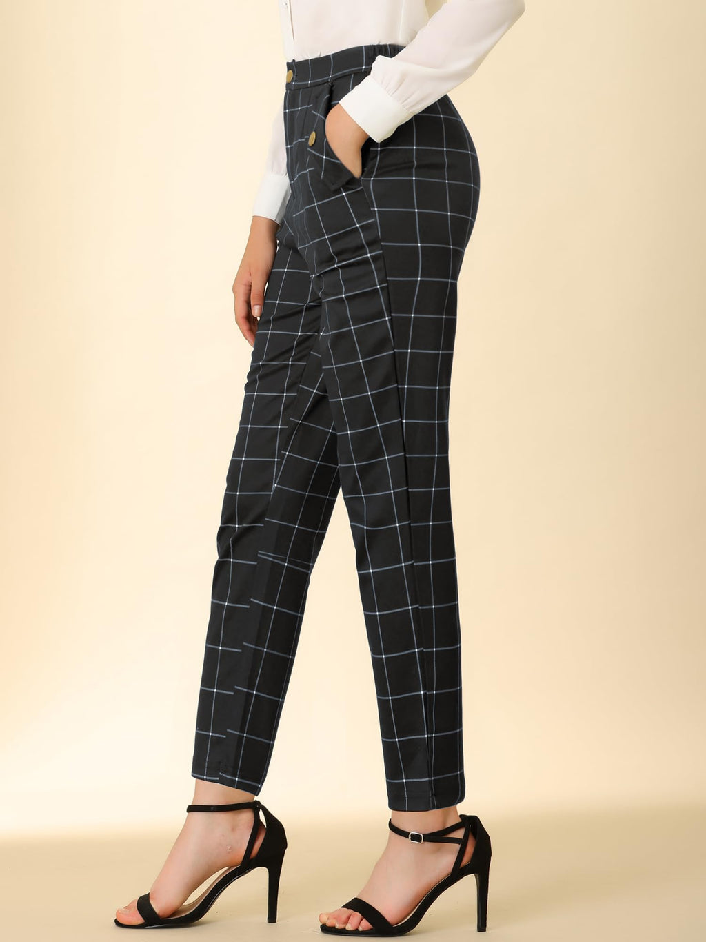 Allegra K Women's Vintage Tartan Plaid Pants Elastic Waist Straight Long Trousers Small Black