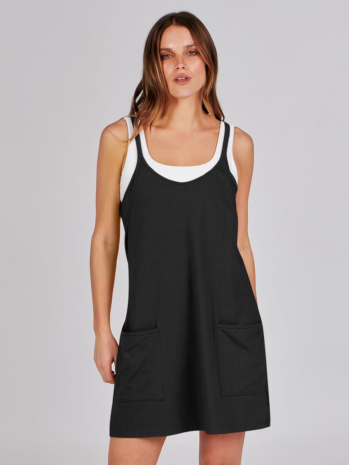 ANRABESS Women Athletic Dress Summer Tennis Workout Active Sports Mini Romper Dress Built in Shorts Travel Vacation Clothes Black Large