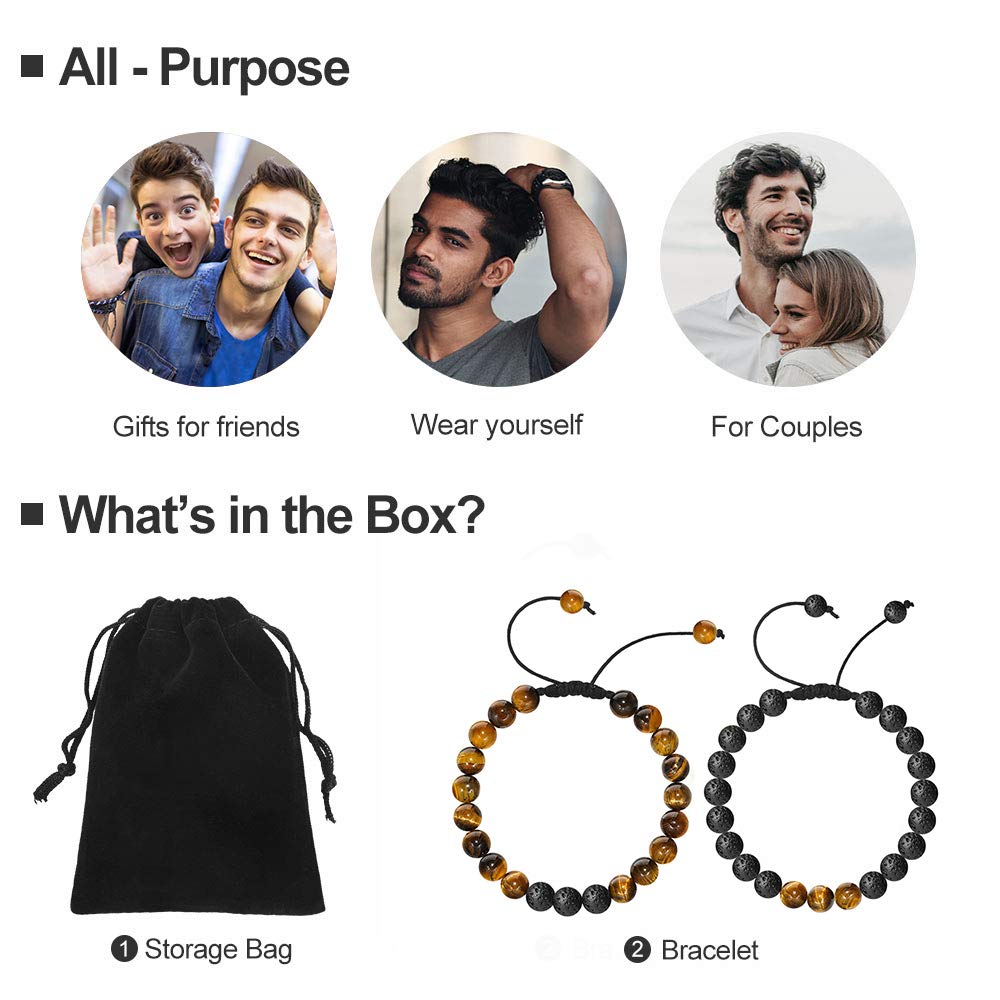 M MOOHAM Bracelets for Mens Gifts - Beaded Natural Tiger Eye Bracelet Black Lava Rock Stone Chakra Mens Anxiety Bracelets Adjustable Aromatherapy Essential Oil Diffuser Healing Dad Gifts