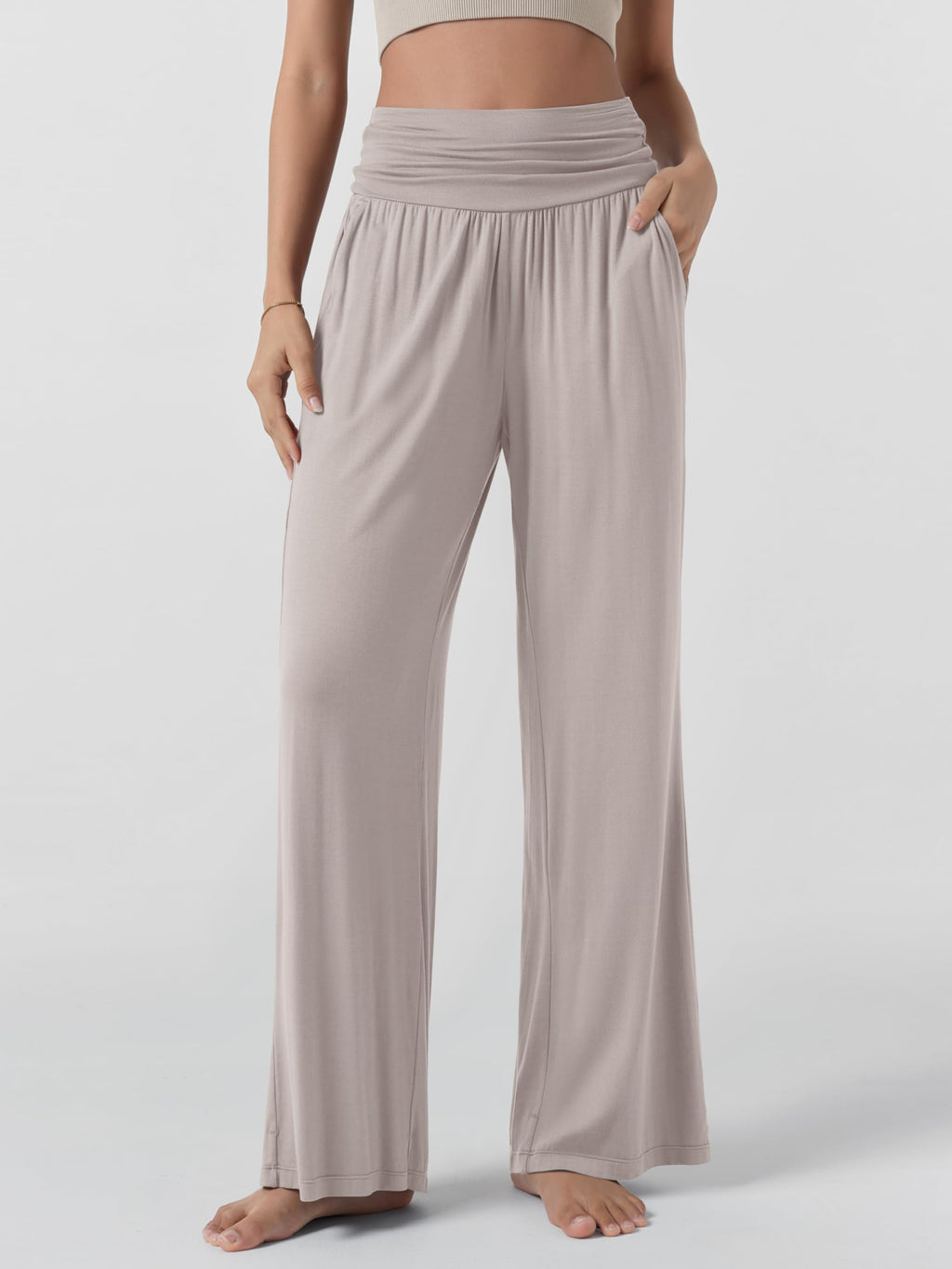 ODODOS Women's Wide Leg Palazzo Lounge Pants with Pockets Light Weight Loose Comfy Casual Pajama Pants-30 inseam, Light Beige, XX-Large