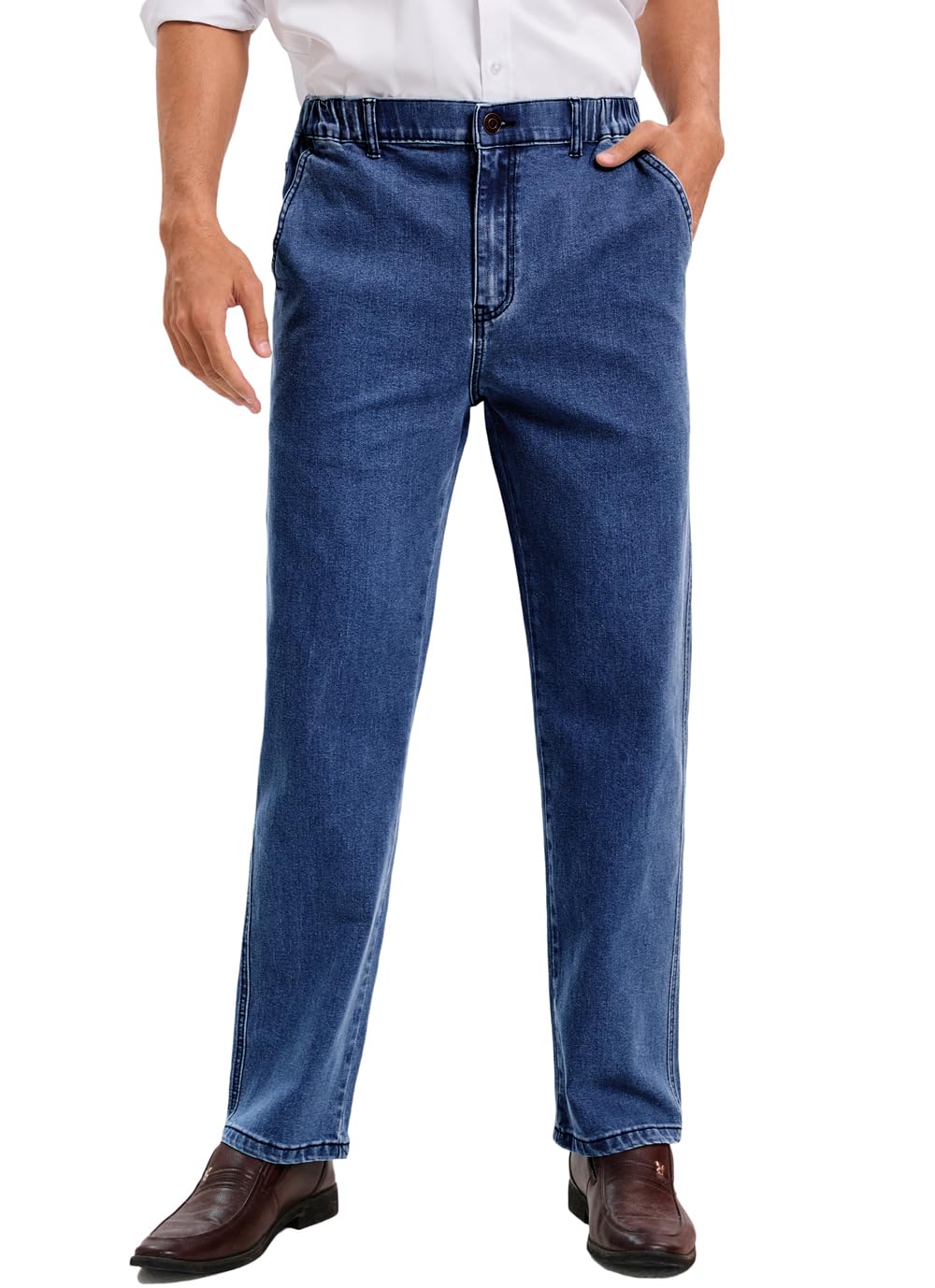 voeeron Mens Elastic Waist Jeans Relaxed Fit Men's Jeans with Elastic Waist with Zipper and Button, Medium Washed, 42W x 28L