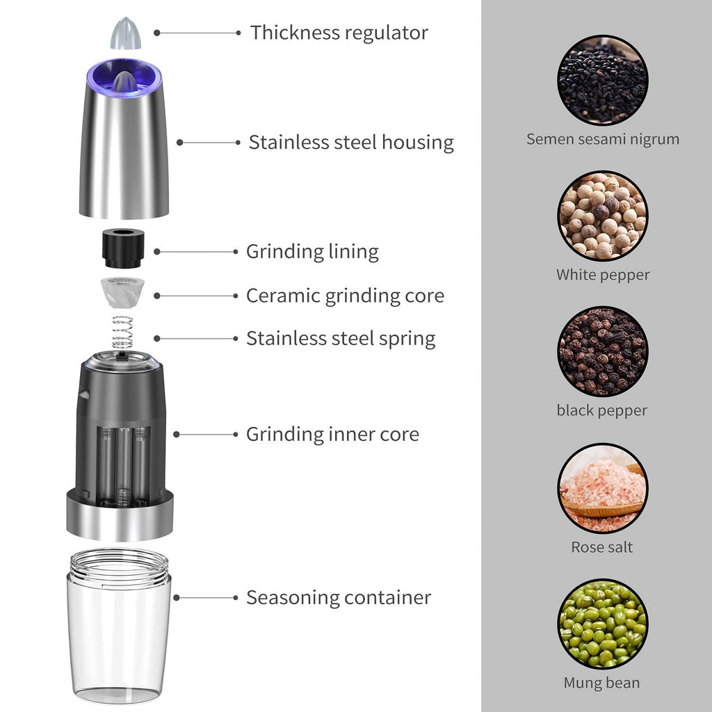 Gravity Electric Pepper and Salt Grinder Set, Adjustable Coarseness, Automatic Shakers Mill Grinder with LED Light, Battery Powered, Upgraded Larger Capacity, One Hand Operated (Sliver 2 Pack)