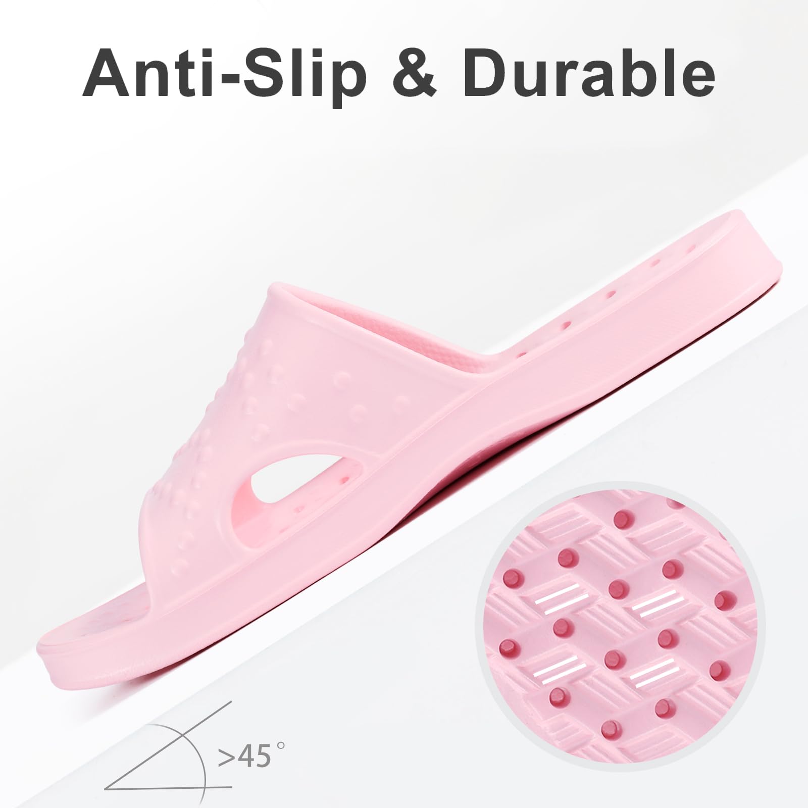 shevalues Shower Shoes for Women Men with Arch Support Quick Drying Pool Slides Lightweight Beach Sandals with Drain Holes, Pink 8-9 Women / 6.5-7.5 Men