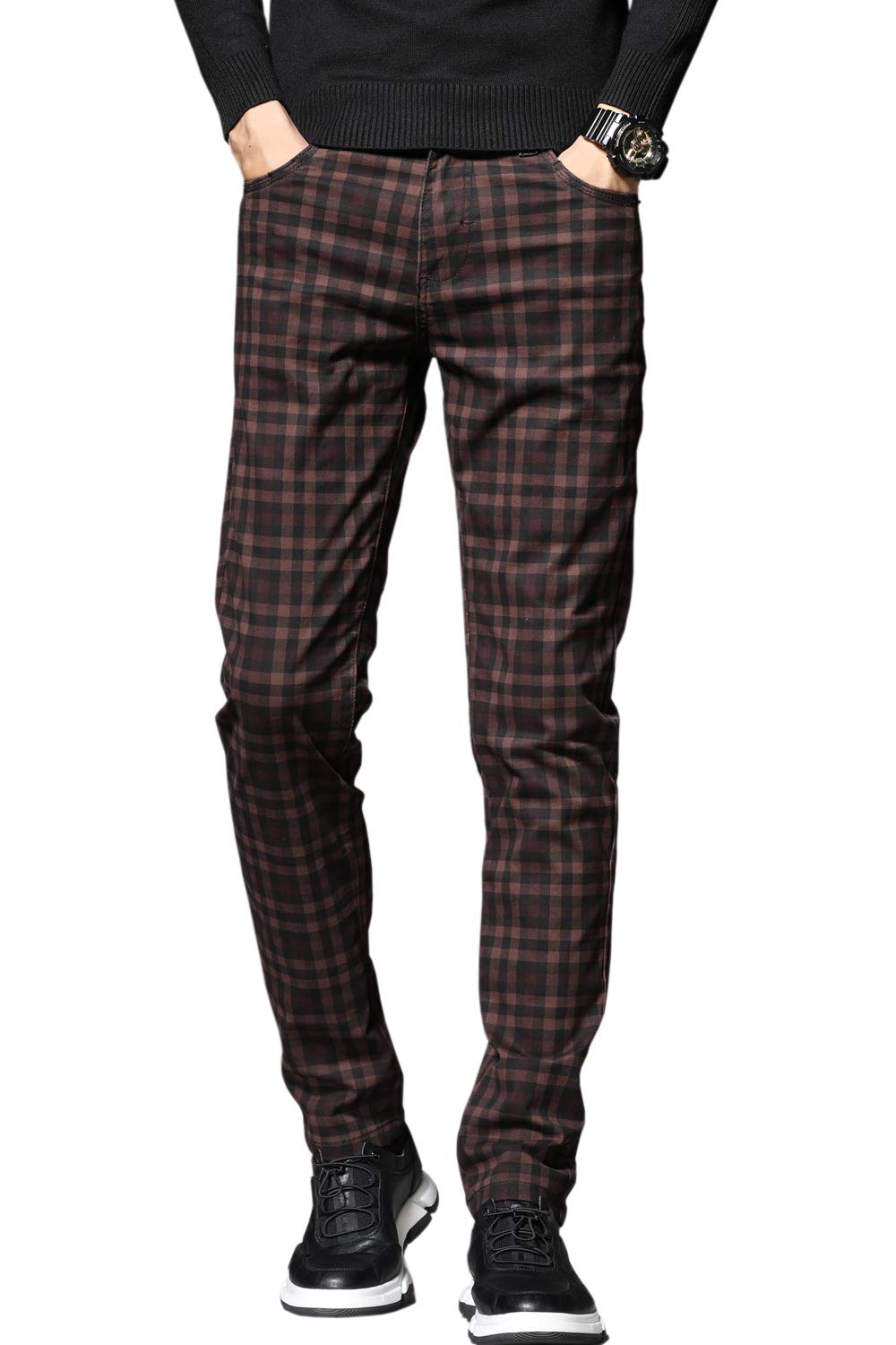 HENGAO Men's Regular Fit Plaid Chino Pants Jeans, Wine Red, 34
