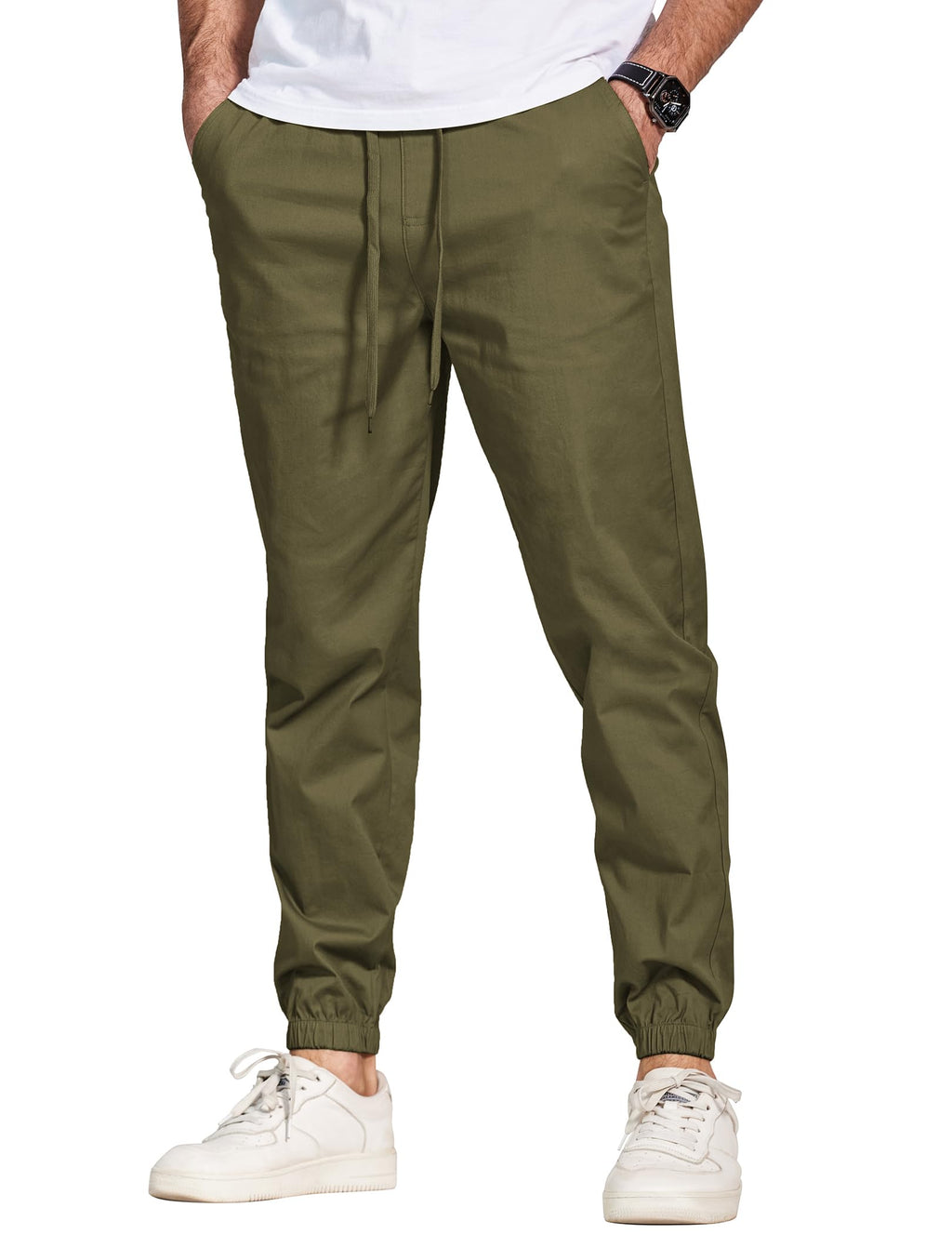 COOFANDY Mens Cotton Casual Pants Stretch Twill Jogger Pants Chino Cargo Hiking Drawstring Sweatpants with Pockets Army Green
