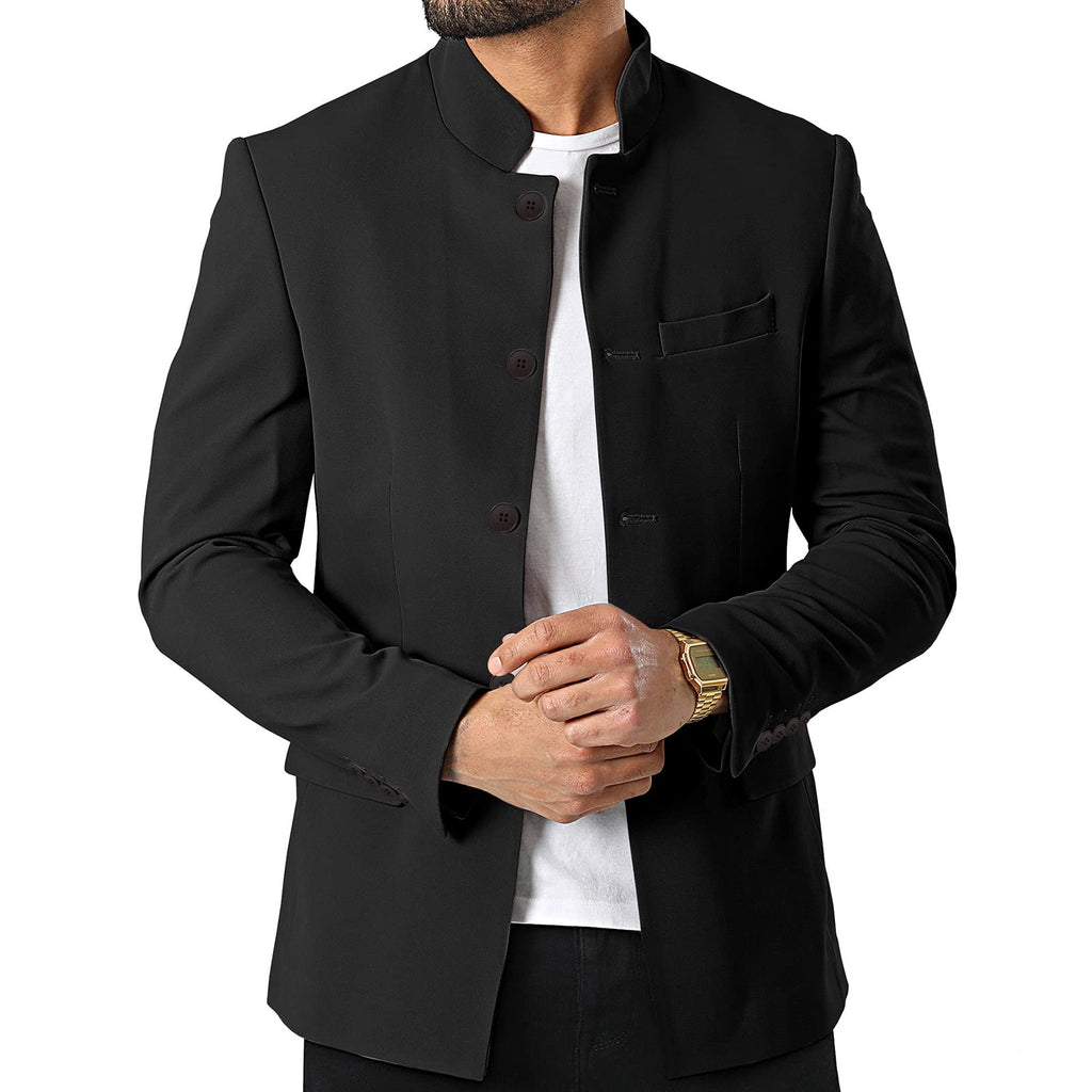 THWEI Mens Casual Suit Blazer Jackets Stand Collar Business Sport Coats Black L