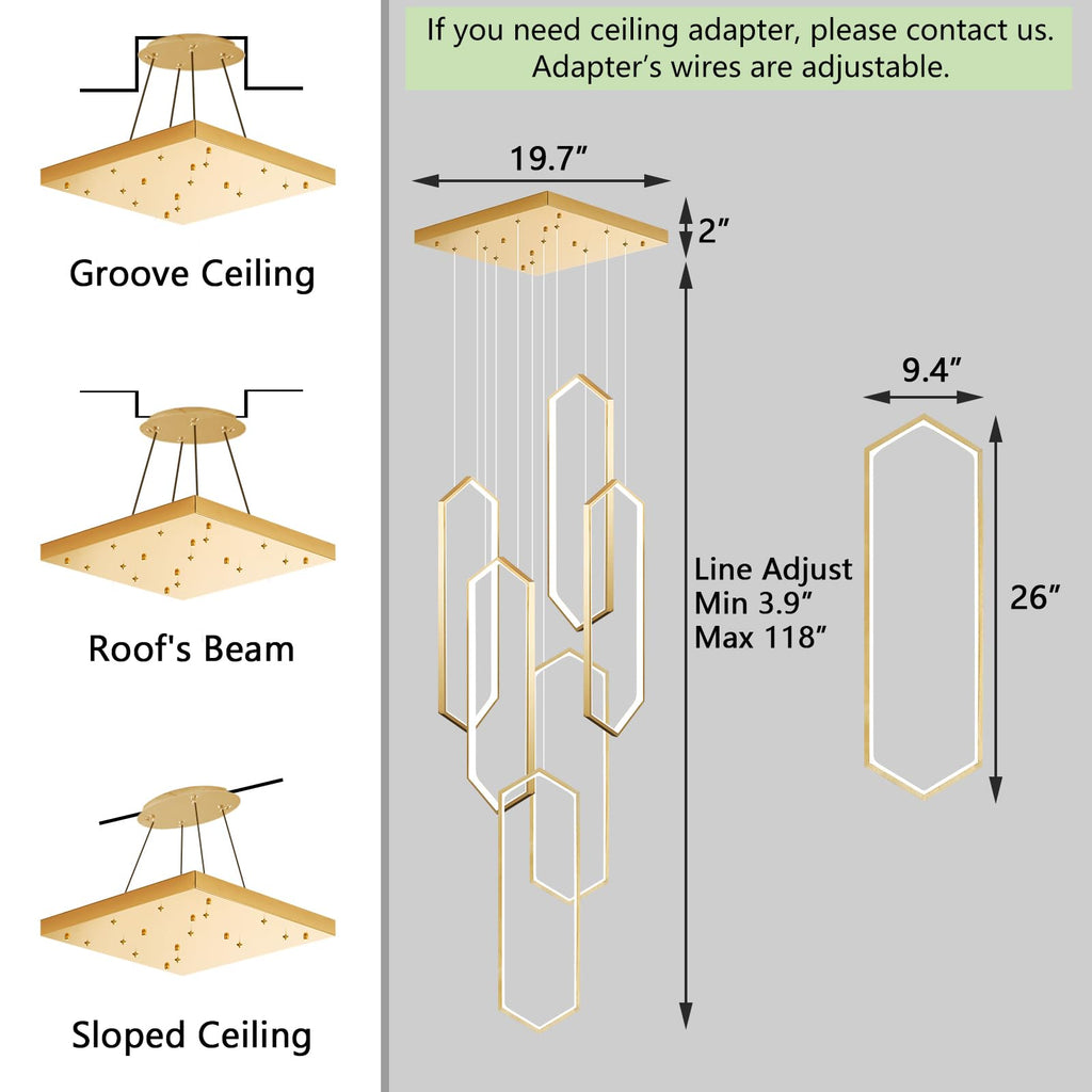 dolria 6-Rings Chandelier Modern, Gold Contemporary LED Light for Living Room Entrance, Dimmable Flush Mount High Ceiling Chandeliers with Remote Control for Villa Foyer