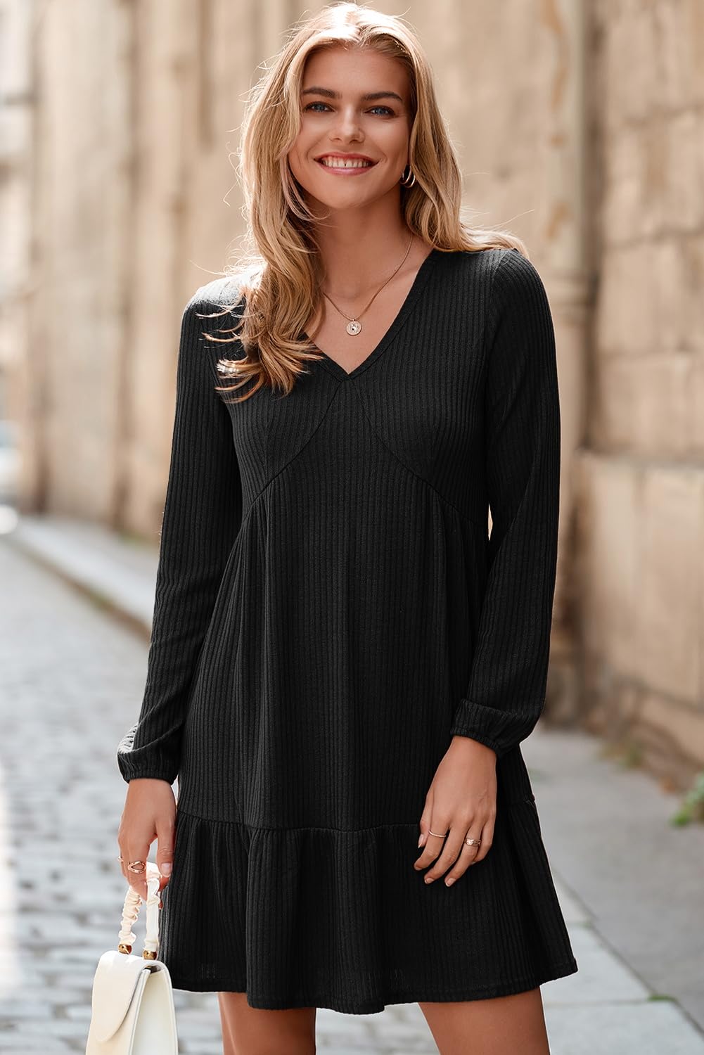Dokotoo Fall Dresses for Women 2025 V Neck Ribbed Knit Texture Empire Waist Long Sleeve Dress Swing Flared Ruffle A Line Cute Casual Loose Flowy Wedding Guest Party Short Mini Dress Black Small