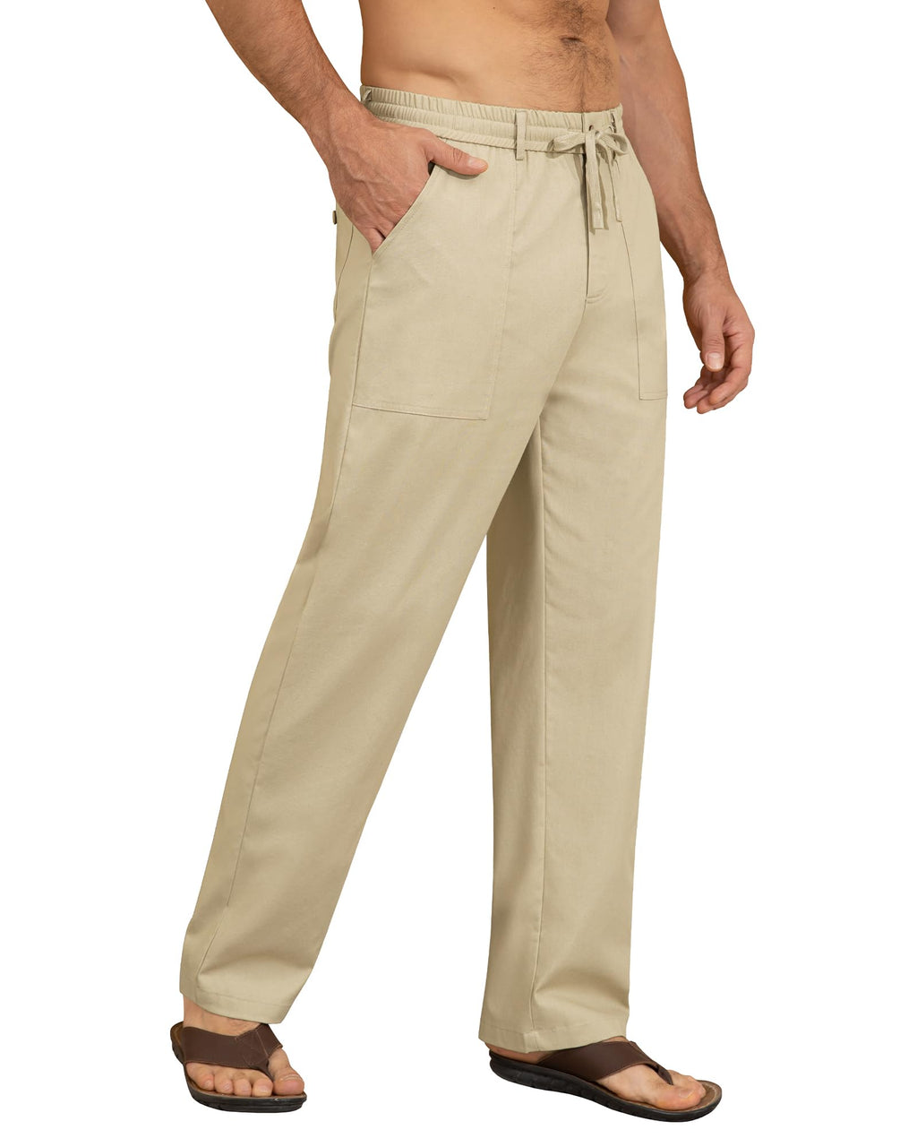 DOWMQ Mens Linen Pants Casual Elastic Waist Drawstring Pants Loose Straight Linen Pant Beach Trousers with 4 Pockets Khaki, M