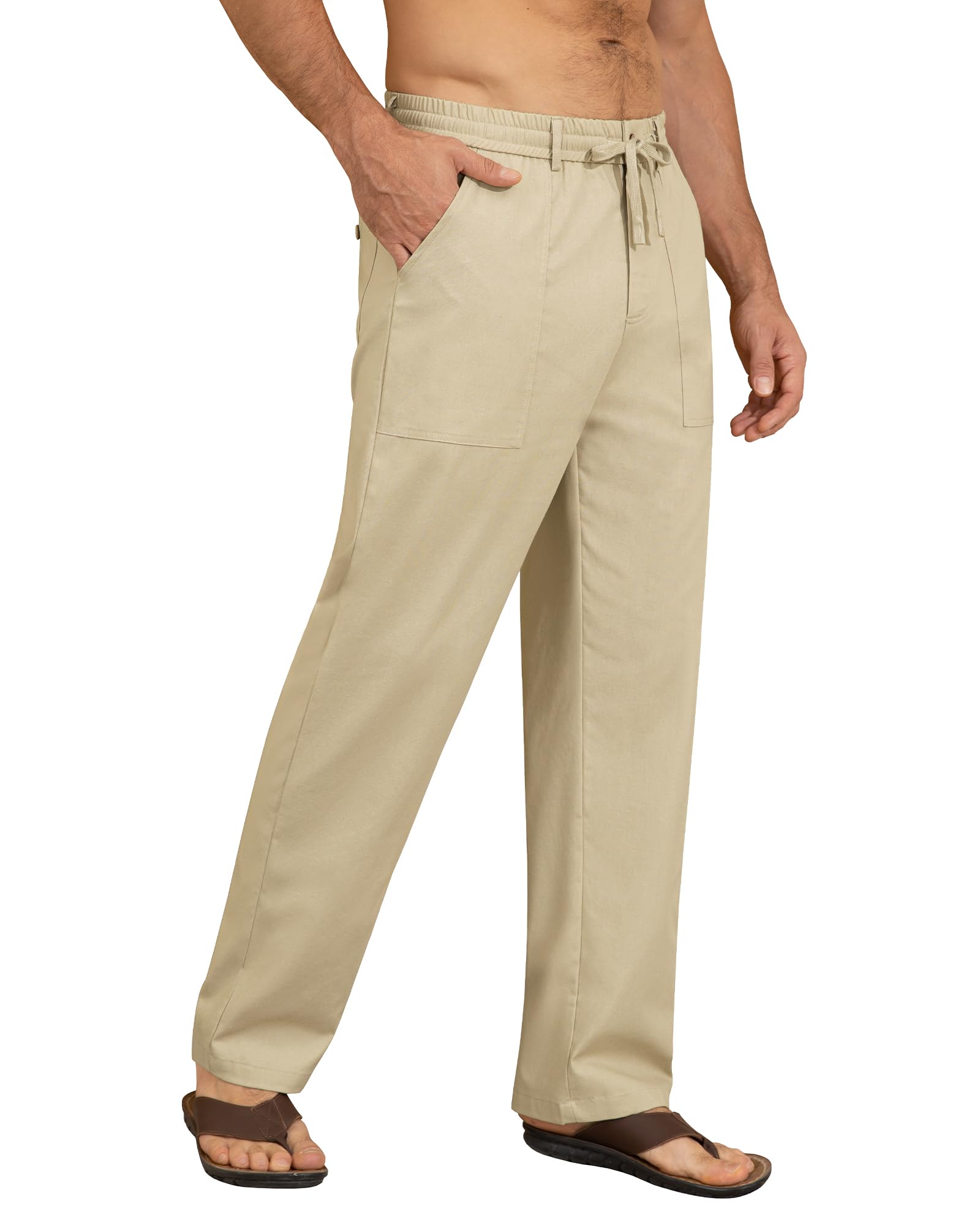 DOWMQ Mens Linen Pants Casual Elastic Waist Drawstring Pants Loose Straight Linen Pant Beach Trousers with 4 Pockets Khaki, M