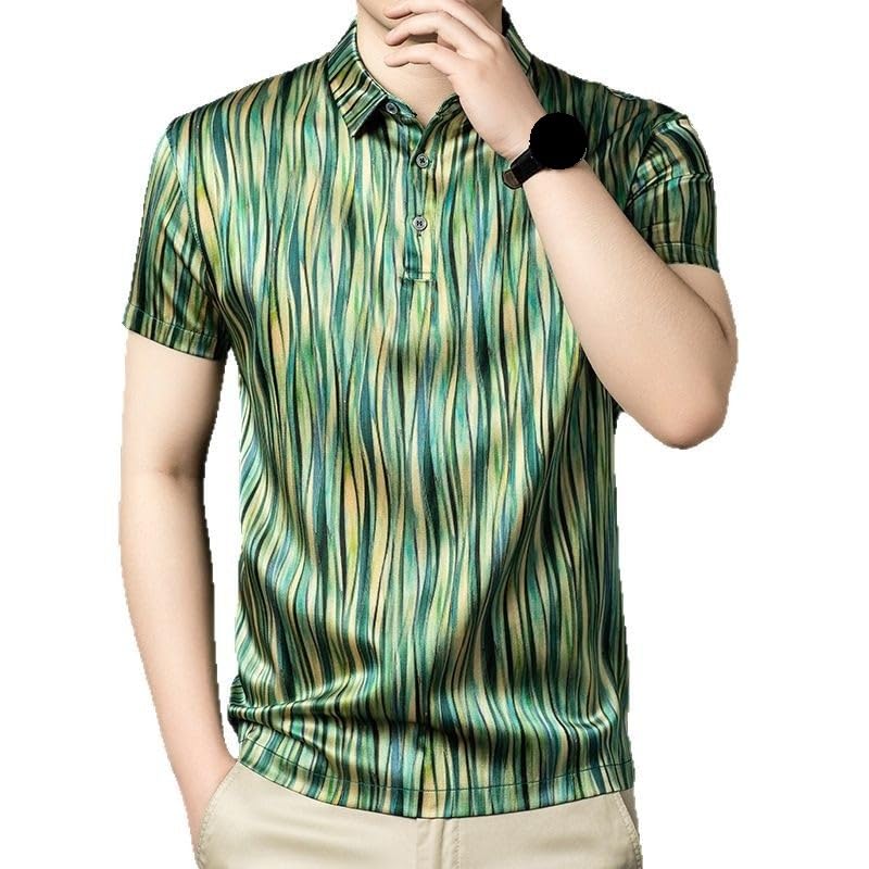 Mens Silk Short Sleeve Polo Shirts Summer Vintage Tie Dye Loose Fit Breathable Casual T Shirt(X-Large) Green
