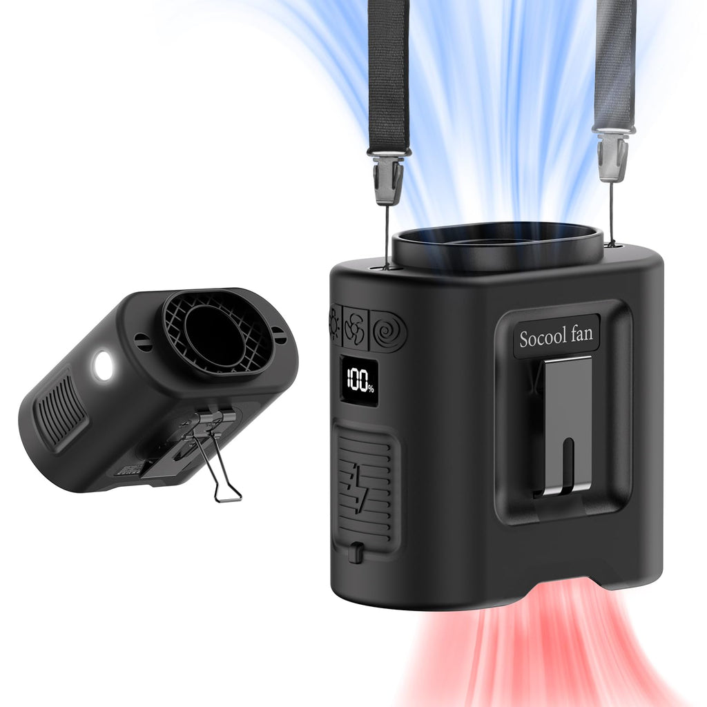 Socool 14500mAh Portable Waist Fan Clip on Belt 360 Rotation Wearable Rechargeable Personal Shirt Fan, 67H Cooling 5-Speed Battery Operated with Light, Neck Fan Hands-Free for Outdoor Jobsite Camping