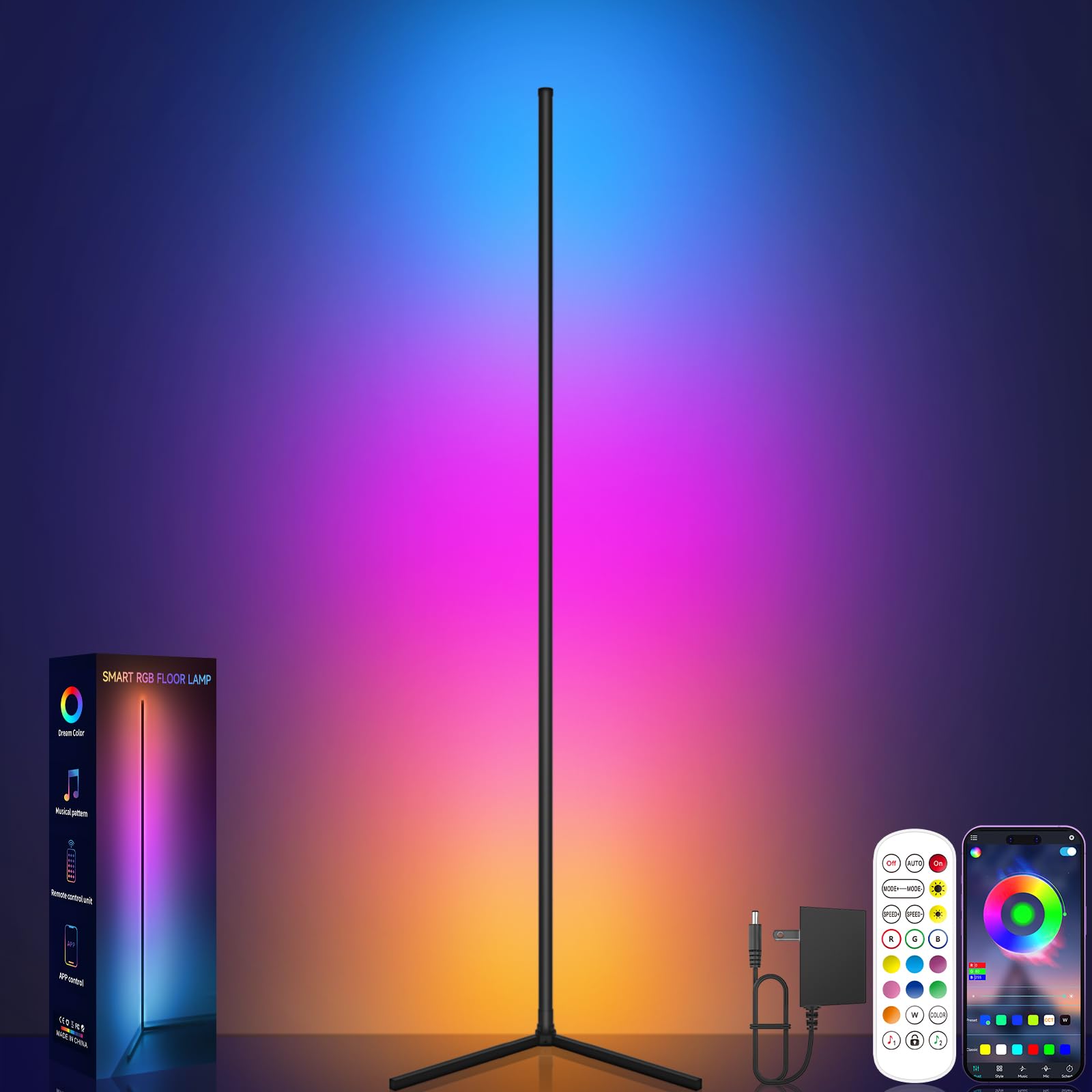 Tyute Corner Floor Lamp, RGB LED Corner Lamp with Music Sync, Smart App and Remote Control Color Changing Ambience Light, LED Lamp with 16 Million Colors for Bedroom, Living Room Gaming Room
