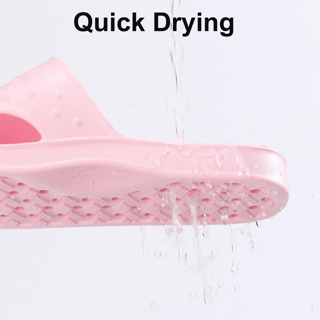 shevalues Shower Shoes for Women Men with Arch Support Quick Drying Pool Slides Lightweight Beach Sandals with Drain Holes, Pink 8-9 Women / 6.5-7.5 Men