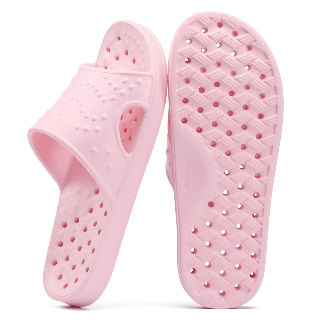 shevalues Shower Shoes for Women Men with Arch Support Quick Drying Pool Slides Lightweight Beach Sandals with Drain Holes, Pink 8-9 Women / 6.5-7.5 Men