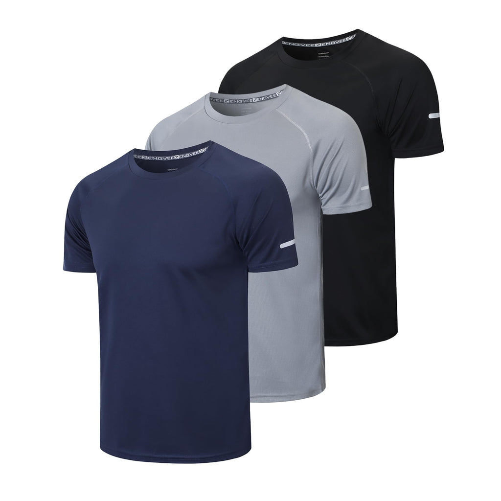 frueo Men’s 3 Pack Sport T-Shirt, Cool Dry Breathable Short Sleeve Mesh Fitness Shirt, Workout Gym Running Top,520,Black Gray Navy,5XL