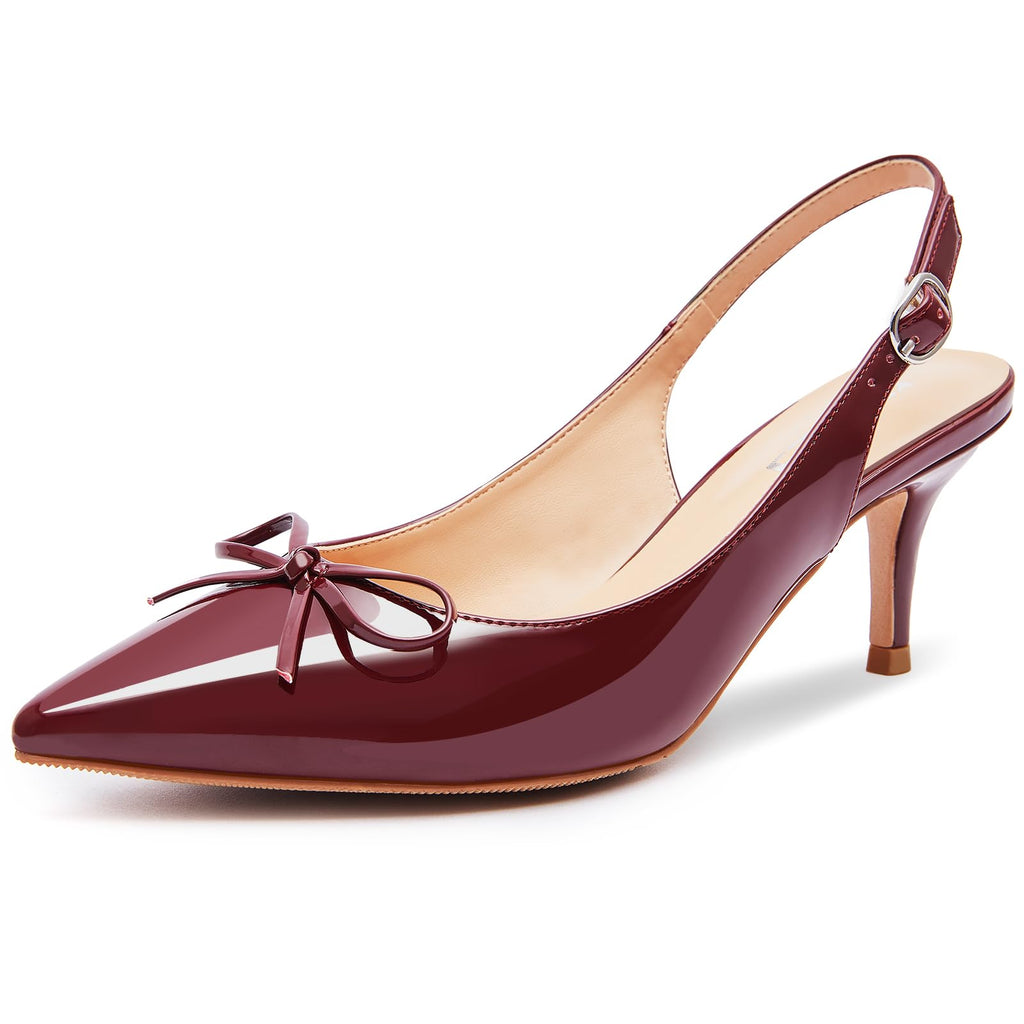 rsxses Women's Burgundy Slingback Kitten Heels Bow Pointed Closed Toe Stilettos Pumps Low Heel Wedding Dress Party Shoes Size 10