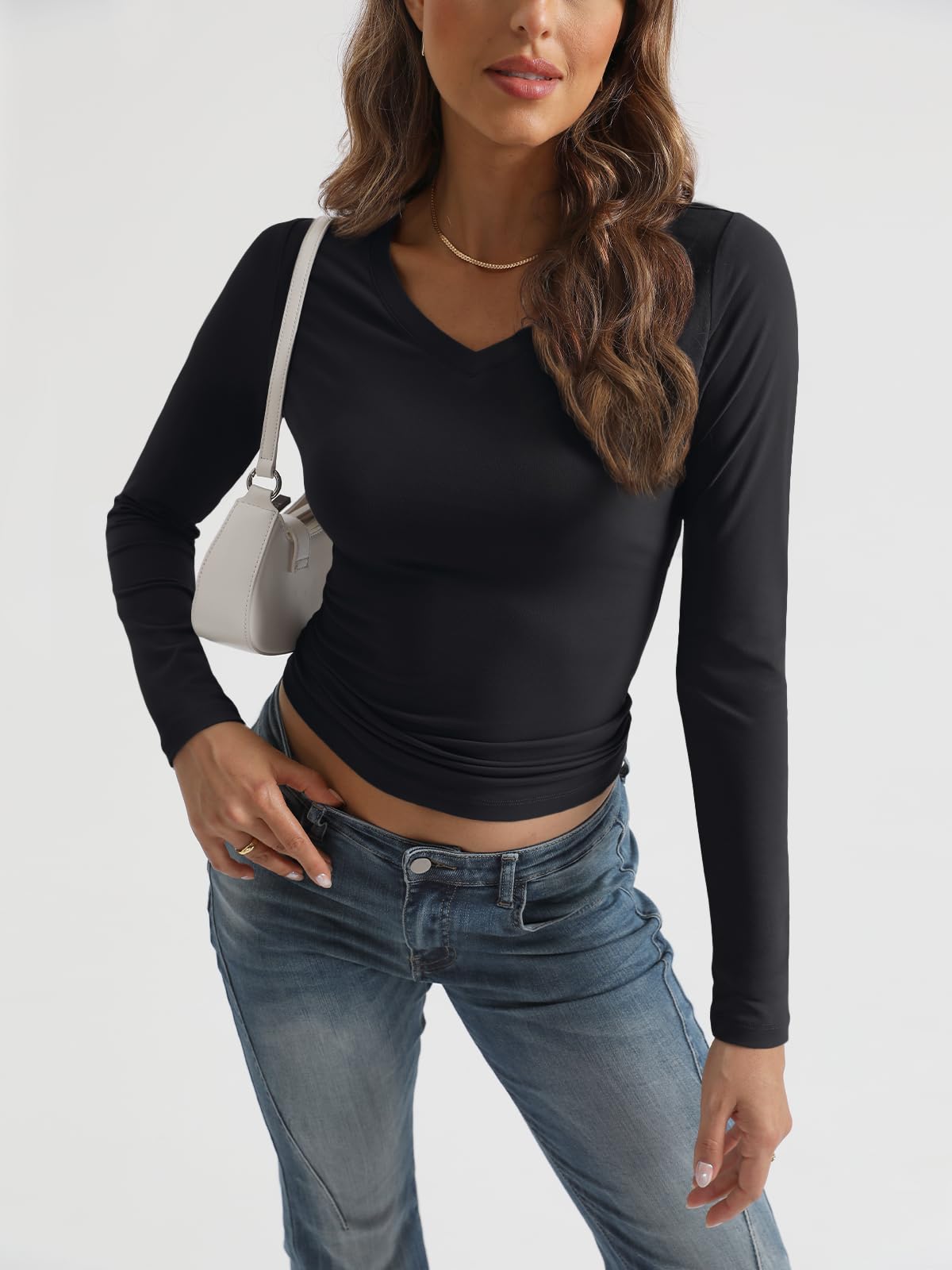 Trendy Queen Long Sleeve Shirts for Women 2025 Early Fall Fashion Crop Tops for Women V Neck Casual Basics Slim Fitted Y2K Cute Dress Tops Outfits Clothes Blouses Black M