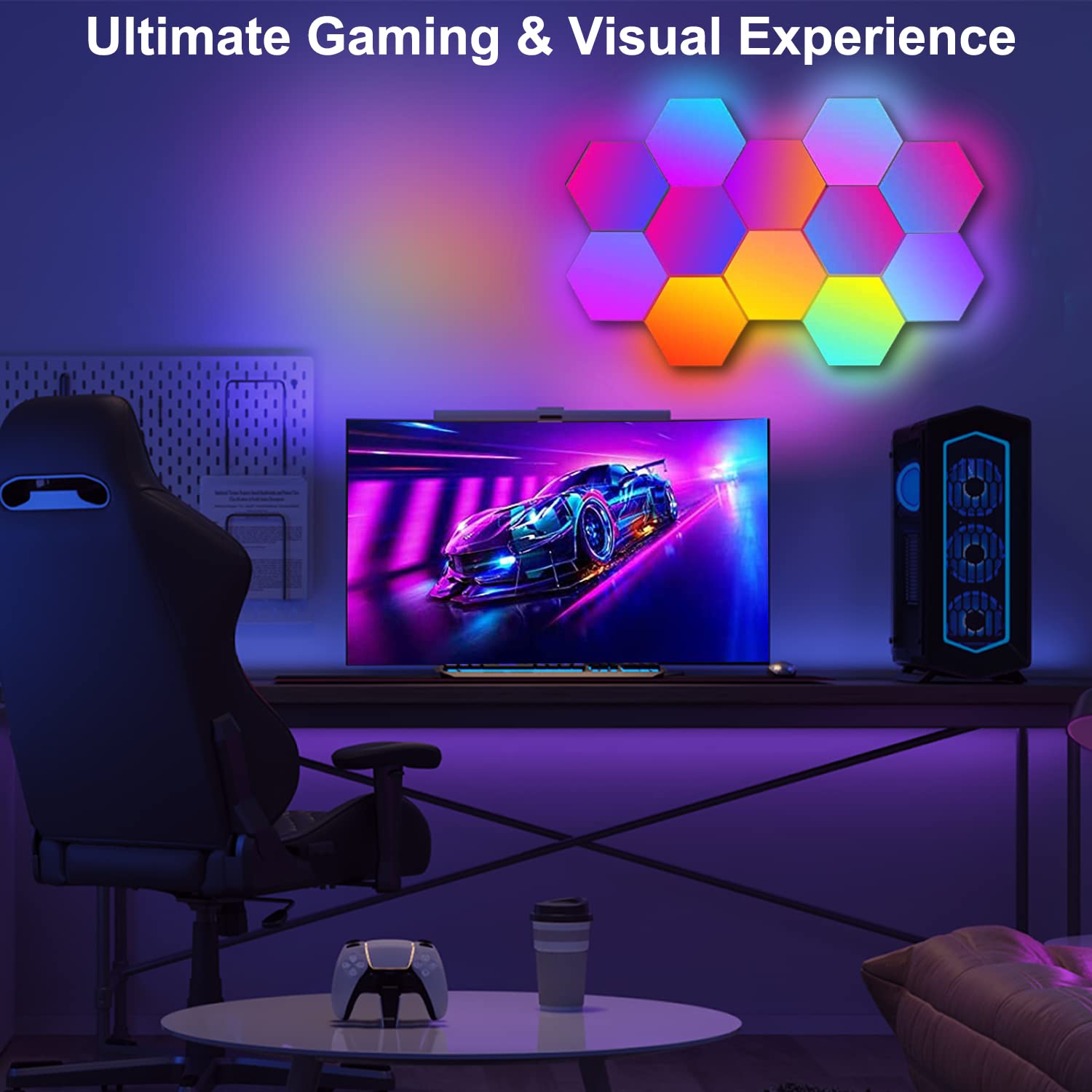 LED Hexagon Lights for Gaming Setup, Smart Home Gaming Wall Lights Work with Alexa Google Assistant, Voice, App & Remote Control, RGB-IC LED Light Panels Music Sync for Game Room Bedroom, 10 Pack