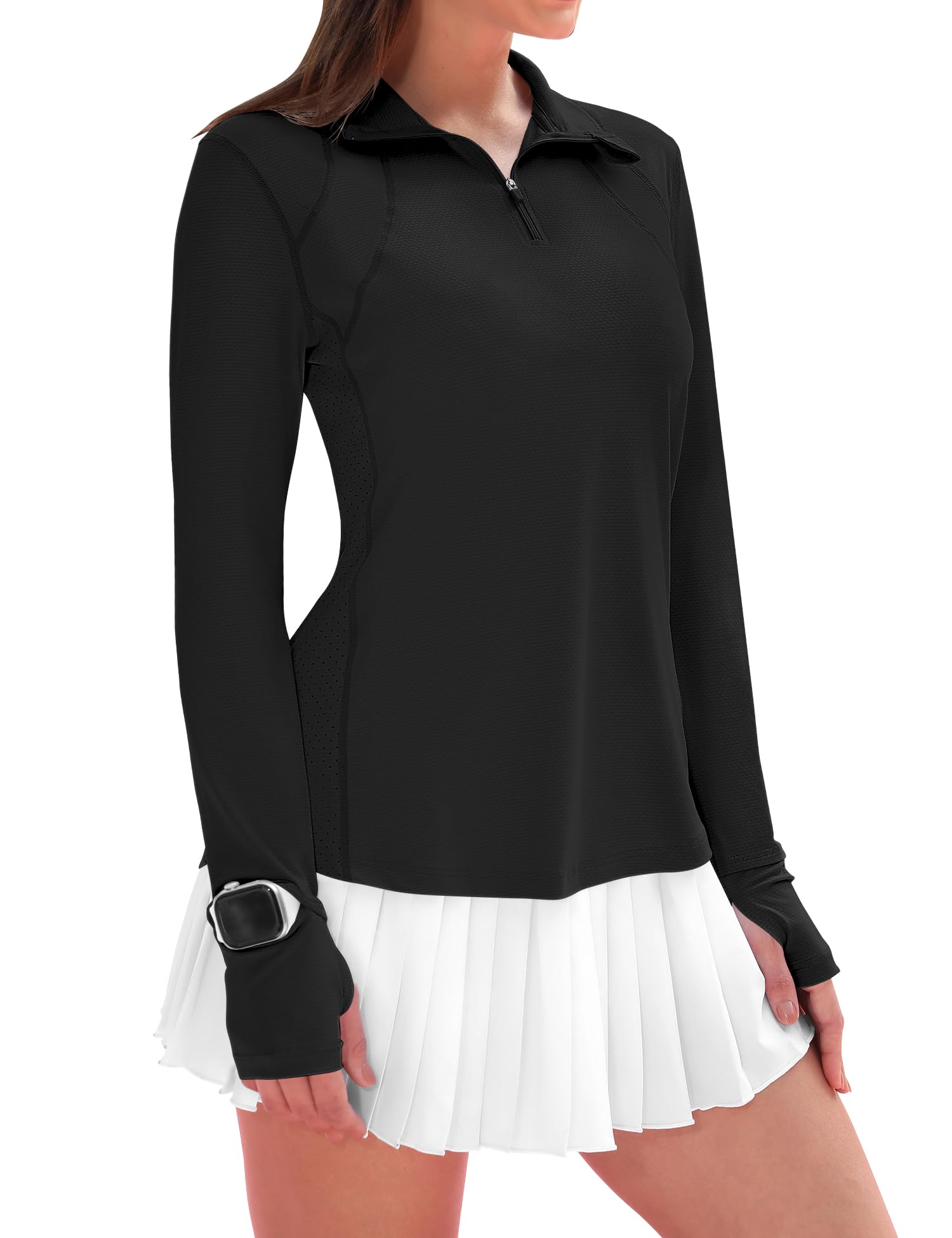 IECCP Womens Long Sleeve Shirts UPF 50+ Sun Protection 1/4 Zip Sun Shirts Summer Quick Dry Workout Golf Tops Quarter Zip Pullover with Thumb Hole (Black,XL)