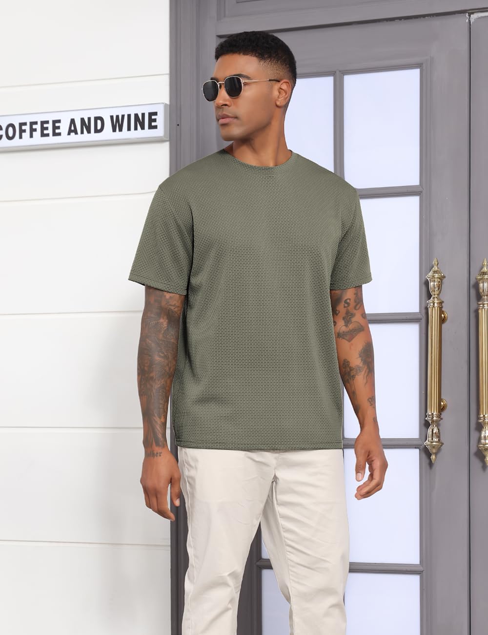 QOSOQ Men's Casual T-Shirts Knit Short Sleeve Crewneck Shirts Casual Stylish Knitted Pullover Tees Top Green