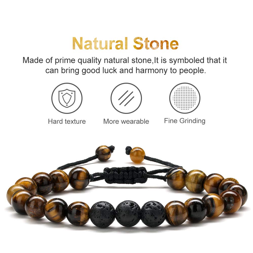 M MOOHAM Bracelets for Mens Gifts - Beaded Natural Tiger Eye Bracelet Black Lava Rock Stone Chakra Mens Anxiety Bracelets Adjustable Aromatherapy Essential Oil Diffuser Healing Dad Gifts