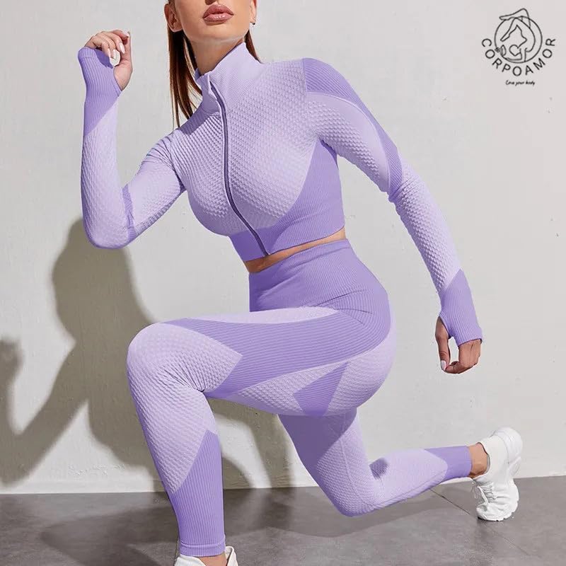 CORPOAMOR Women's Ribbed Seamless Fitness Clothing, Gym Outfit and Yoga Workout Set Jacket, Sports Bra and High Waisted Leggings 3 Piece Set (Purple, Large)
