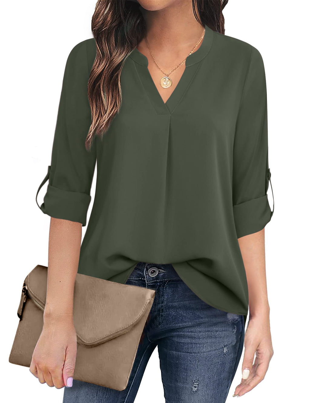 Timeson Blouses for Women,Women's Dress Shirts 3/4 Sleeve Tunics Tops for Women Business Casual Attire Chiffon Tops Ladies V Neck Professional Shirts Armygreen